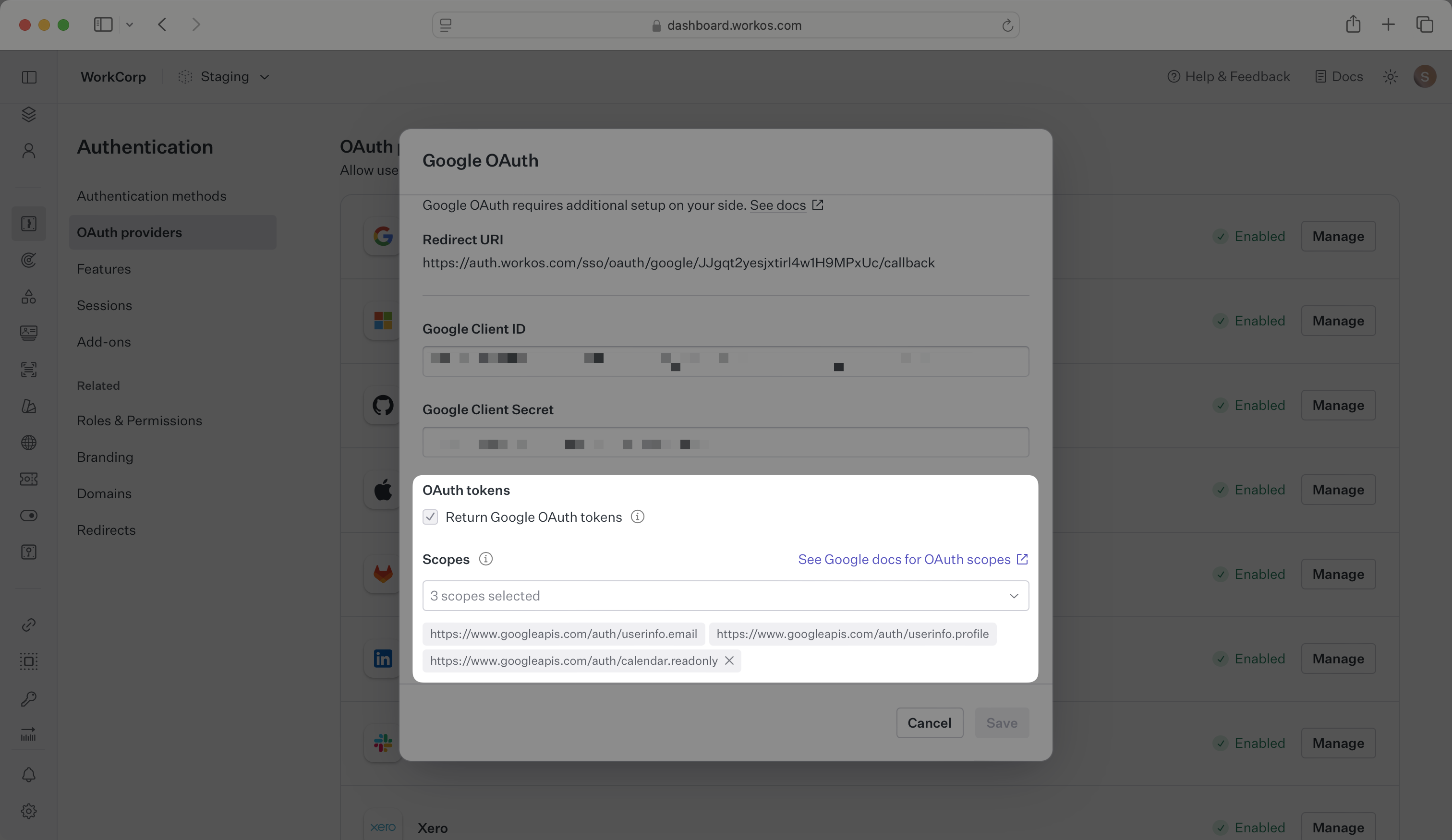 A screenshot showing Google OAuth scopes configuration in the WorkOS Dashboard
