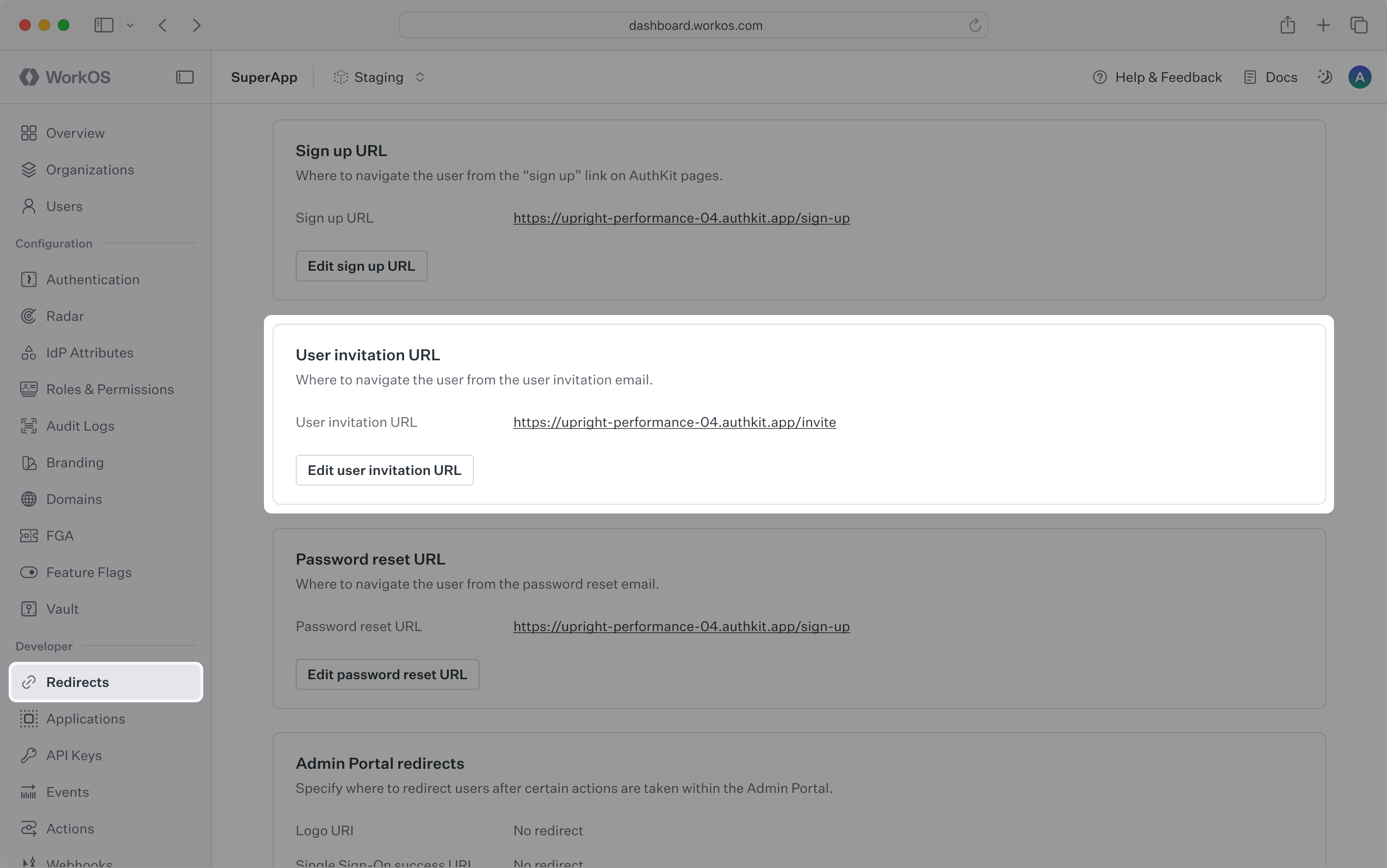 A screenshot showing the WorkOS Dashboard configuration card for user invitation URL
