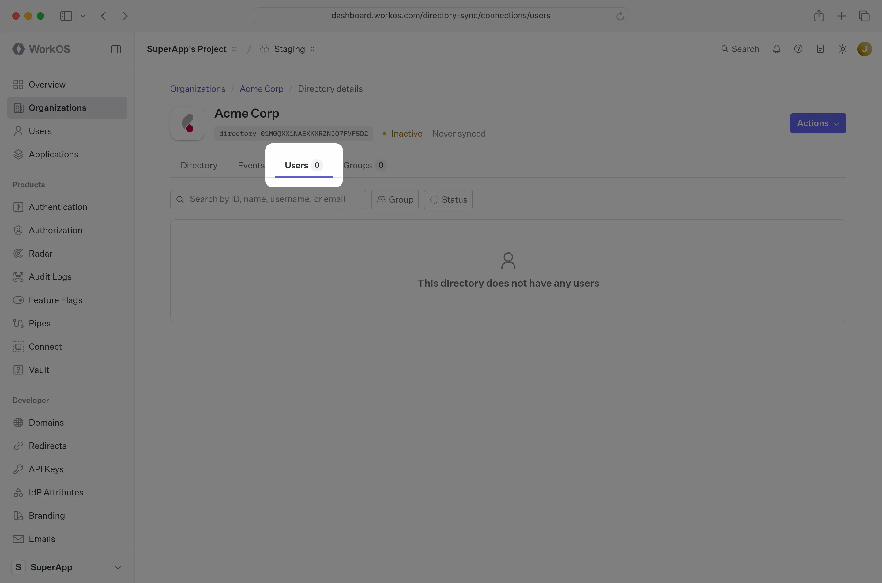 A screenshot showing where to find the “Users” tab in the WorkOS directory.