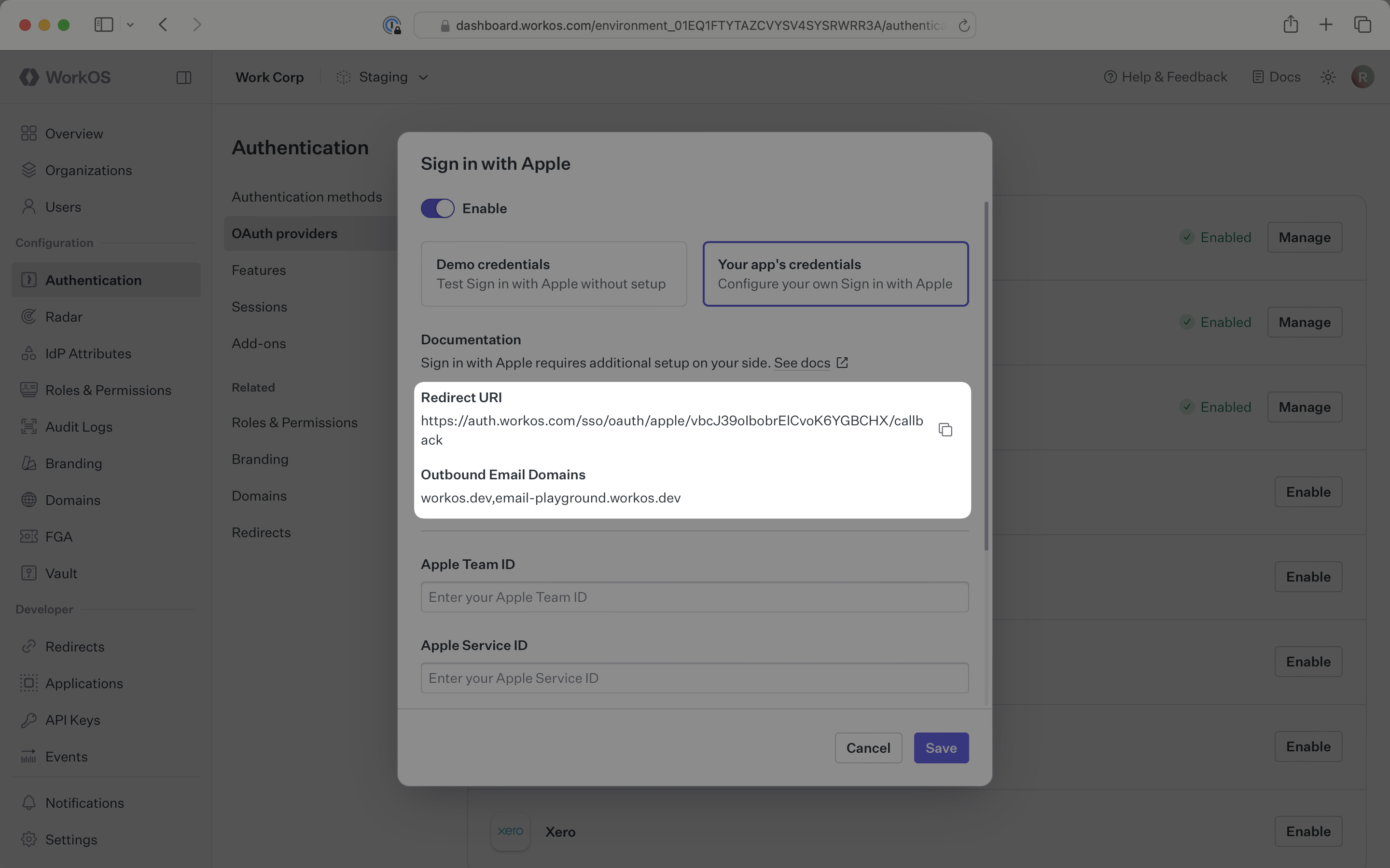 Sign in with Apple Redirect URI in the WorkOS dashboard.