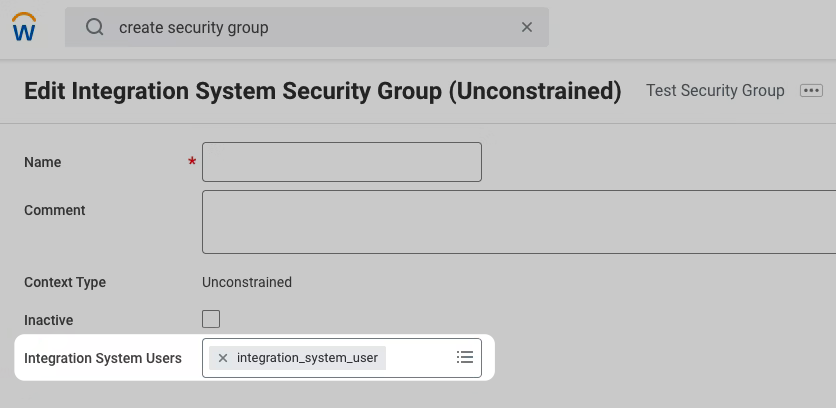 A screenshot showing where to add the Integration System User in the Workday Dashboard.