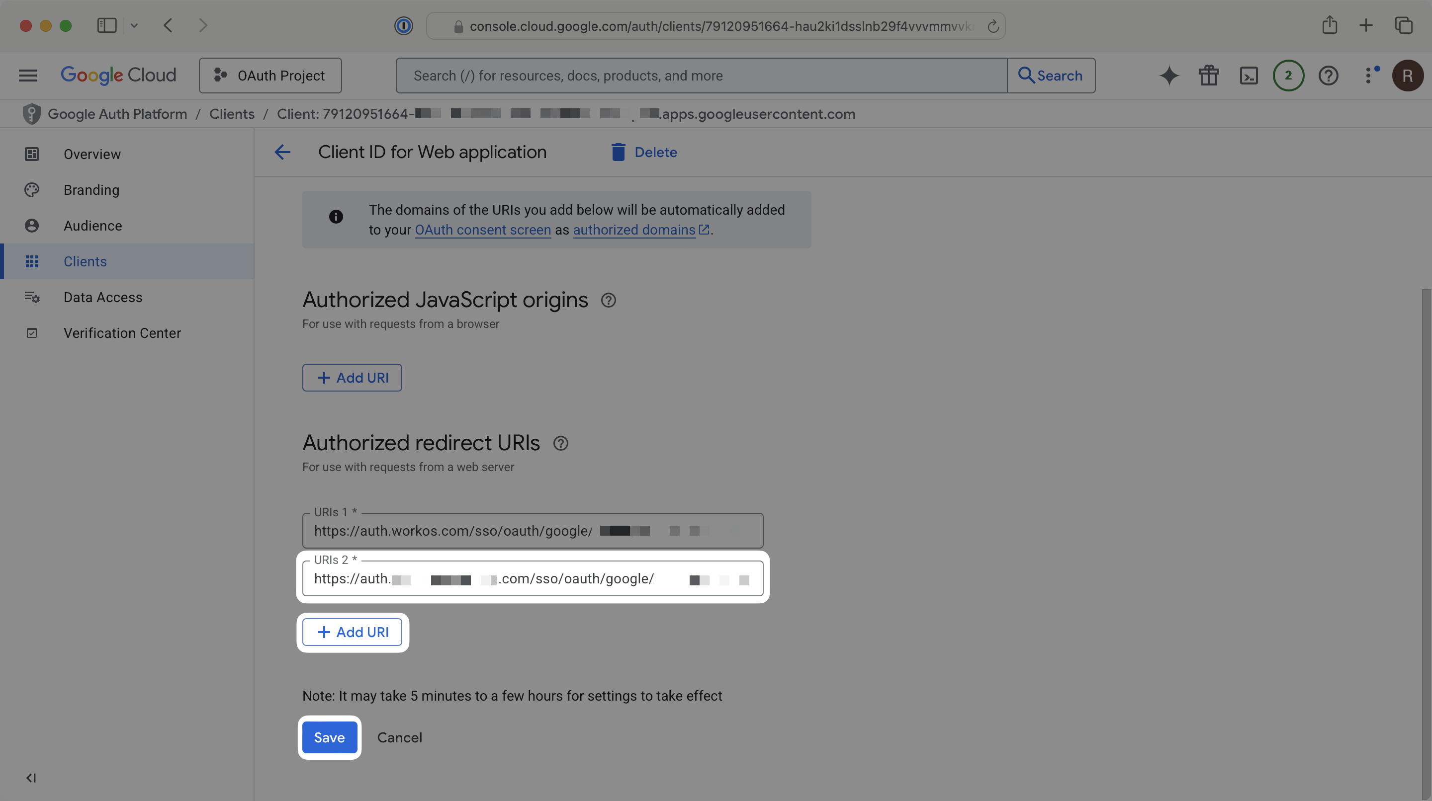 Where to enter the redirect URI in the Google Cloud Platform Console.
