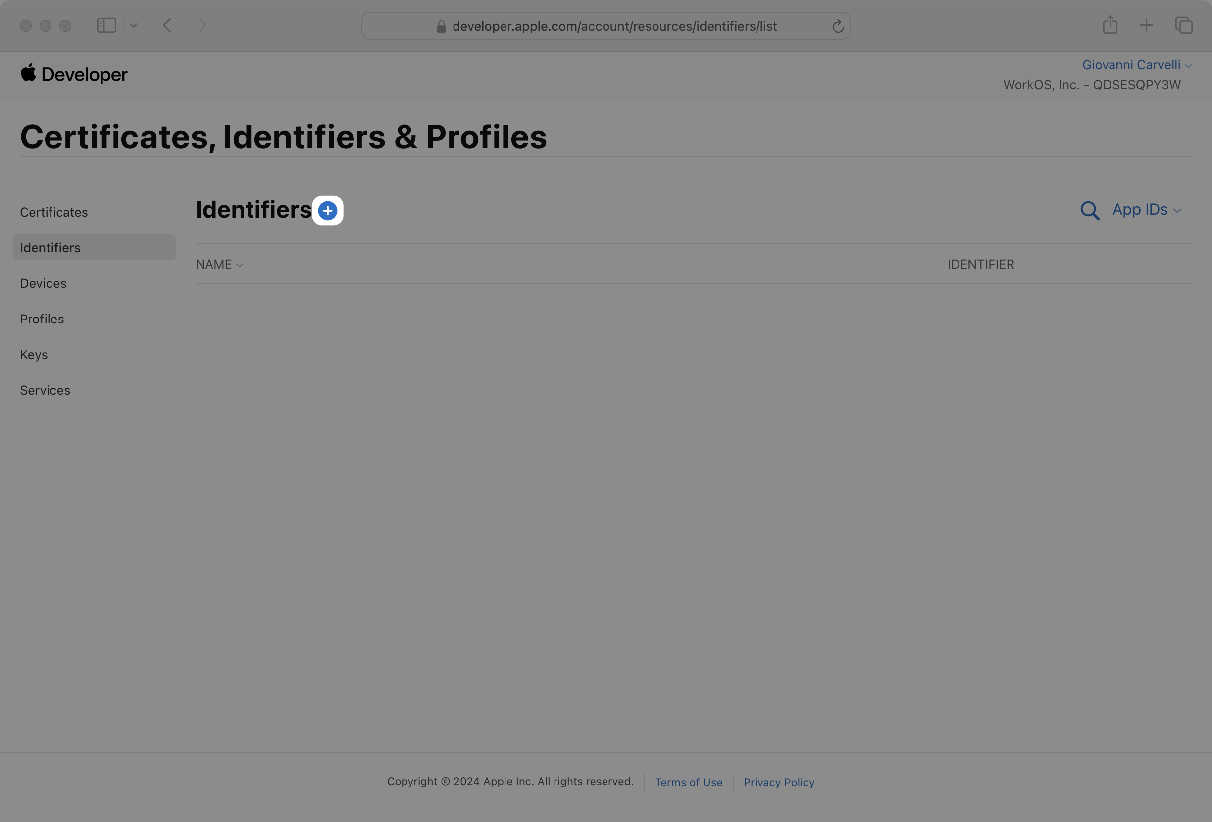 Identifiers page in the Apple Developer dashboard with Create Identifier plus button highlighted.