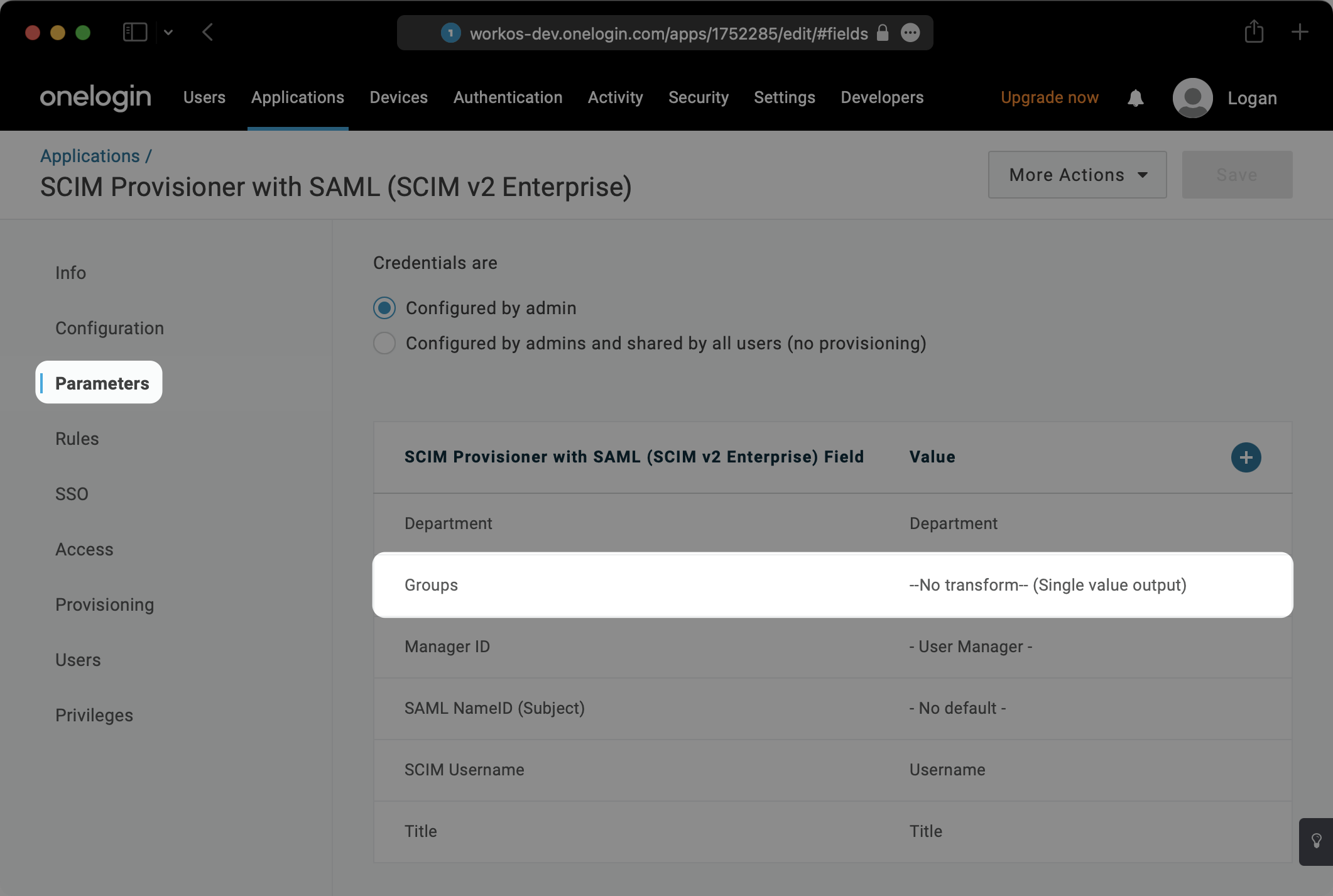 A screenshot showing where to select the "Parameters" then select the "Groups" in OneLogin SCIM App