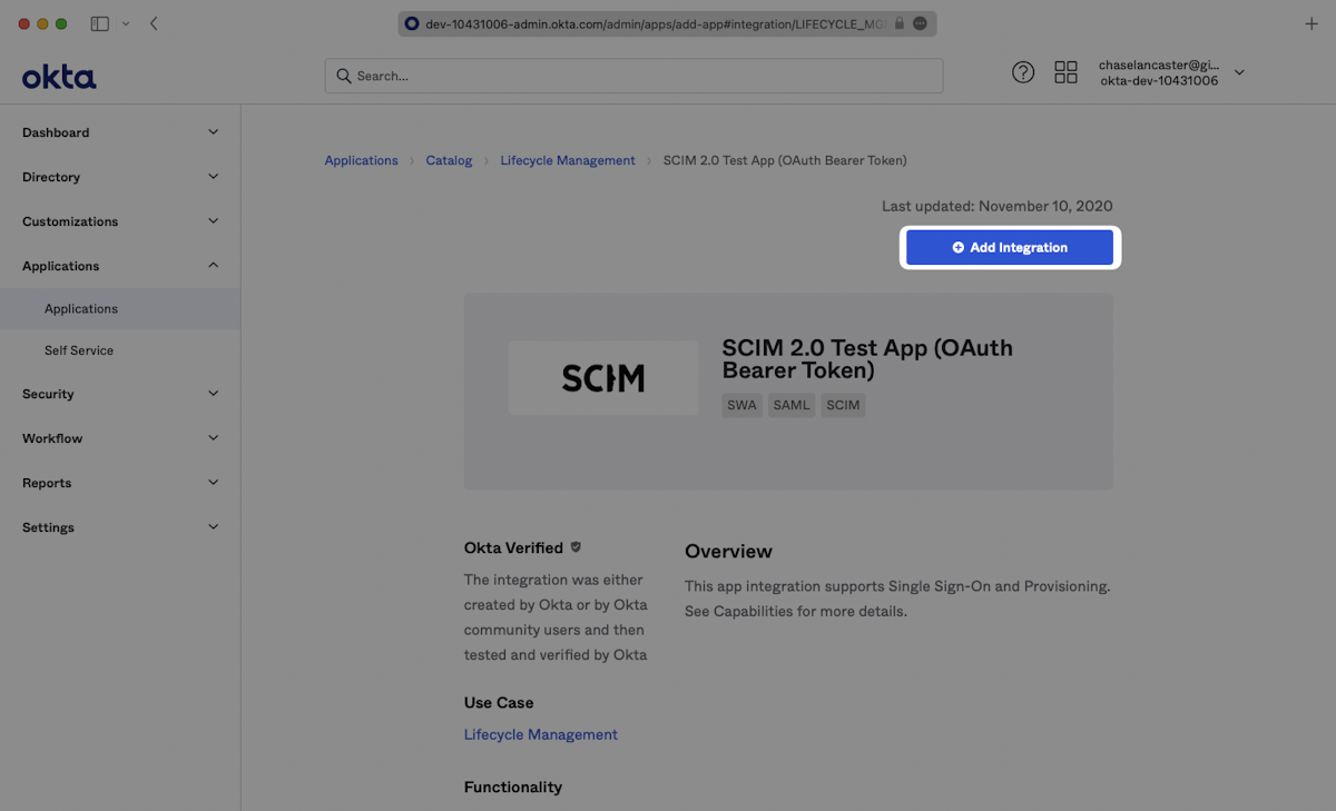 A screenshot showing where to click "Add" in the SCIM 2.0 Test App (OAuth Bearer Token) overview page in Okta.