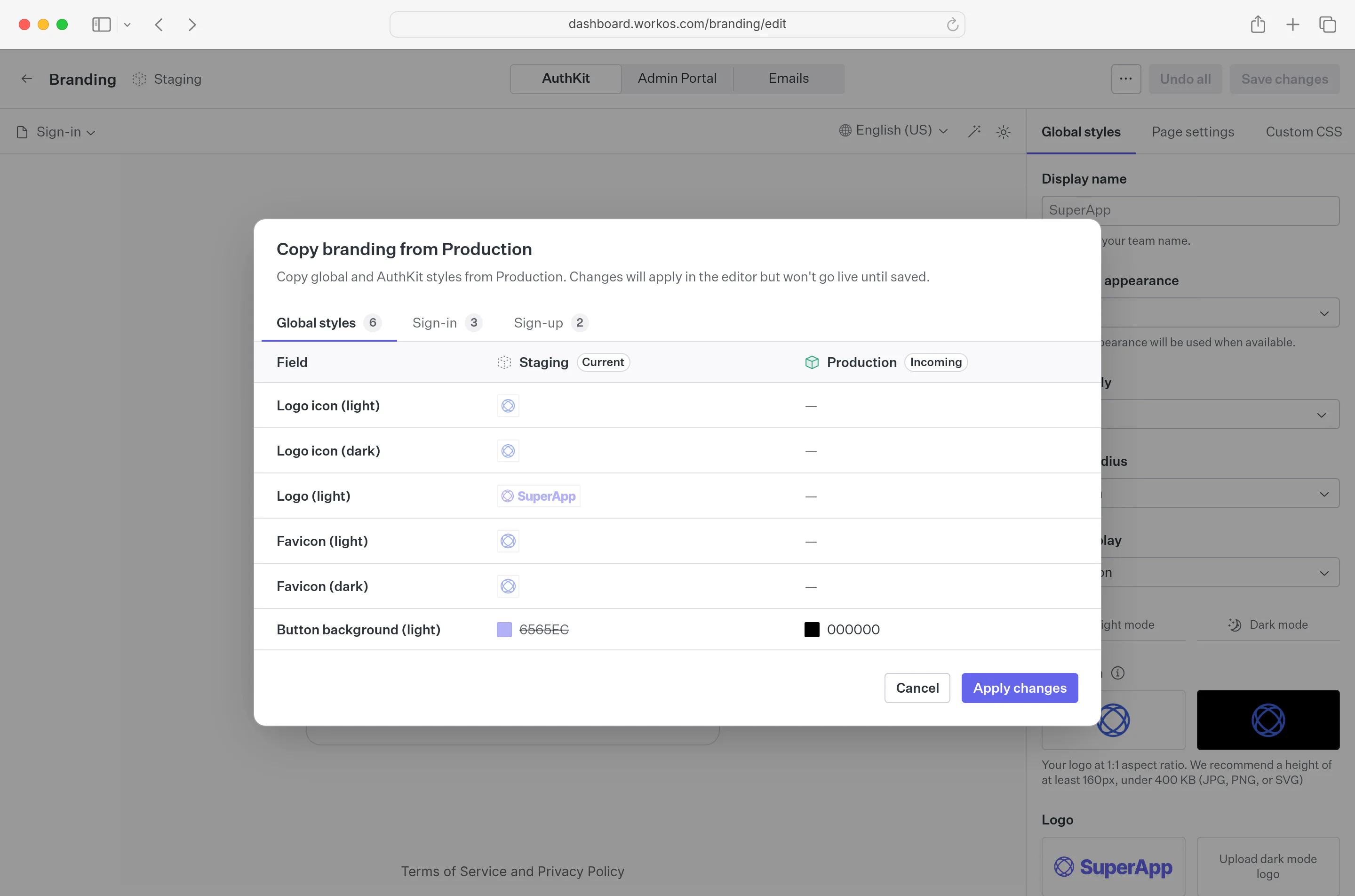 Copy branding diff dialog open in the brand editor