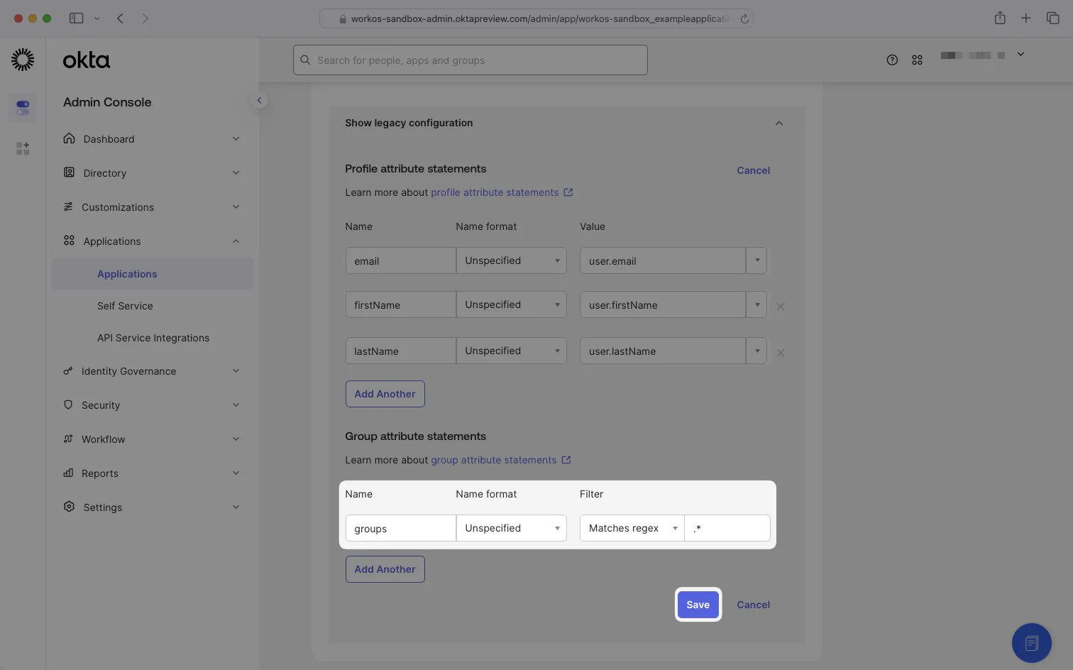 A screenshot showing the "Group attribute statements" configuration in the Okta Dashboard.