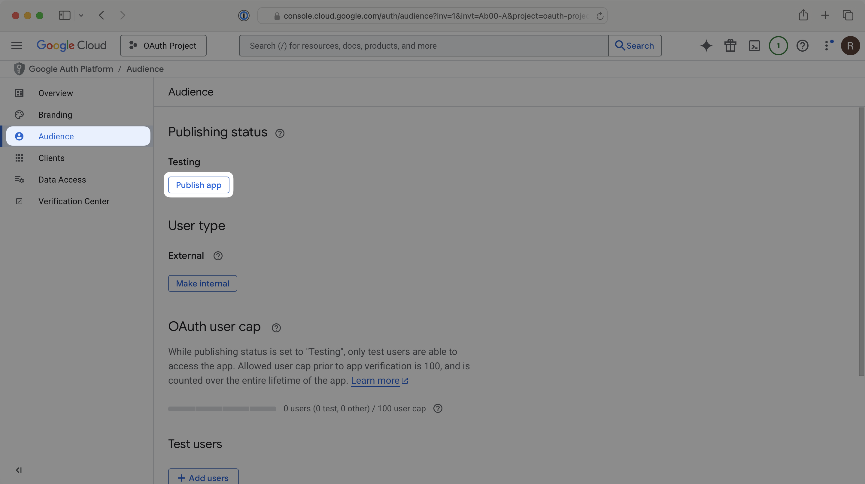 The publishing status of your Google OAuth application