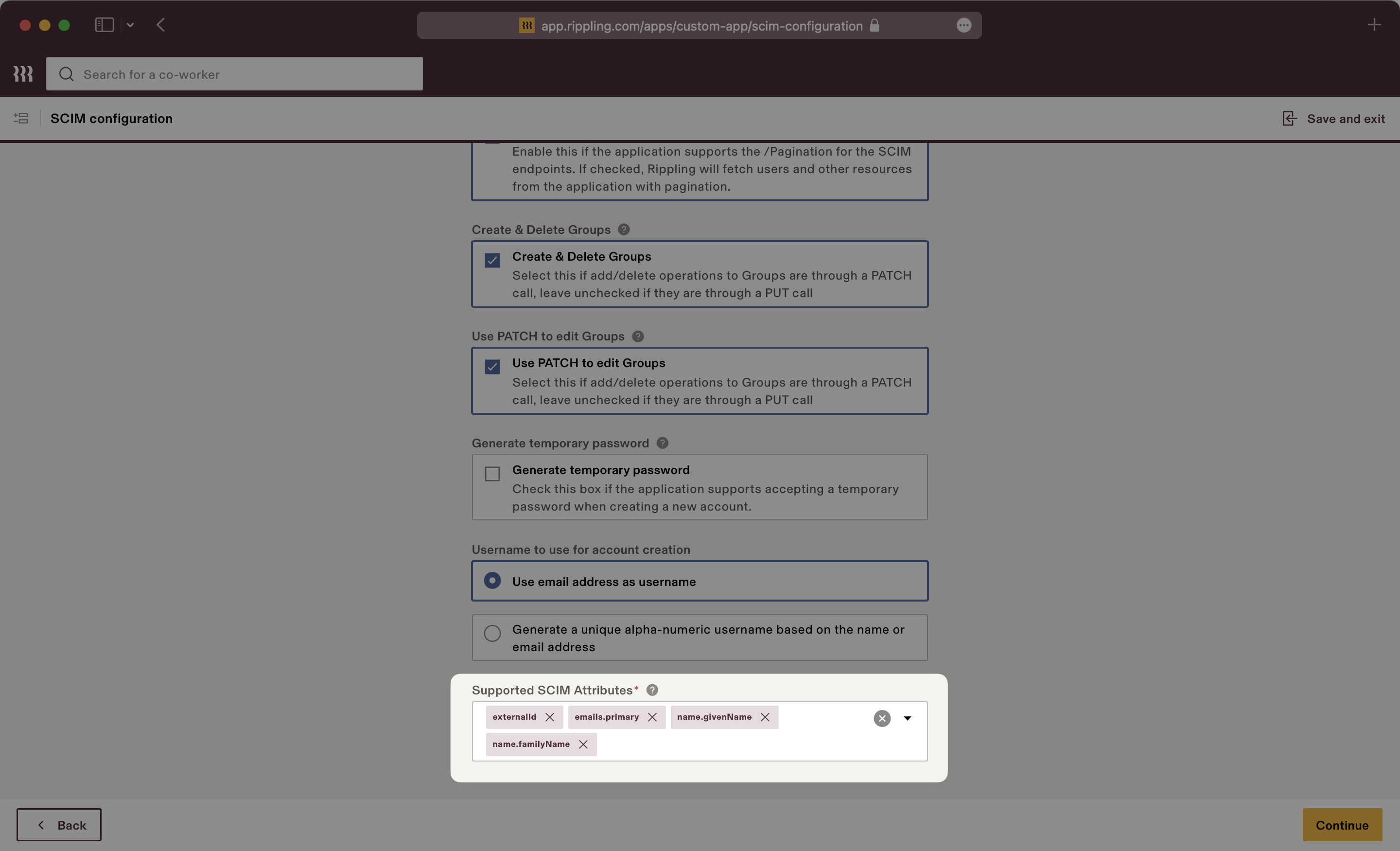 A screenshot showing the "Supported SCIM Attributes" field in Rippling.