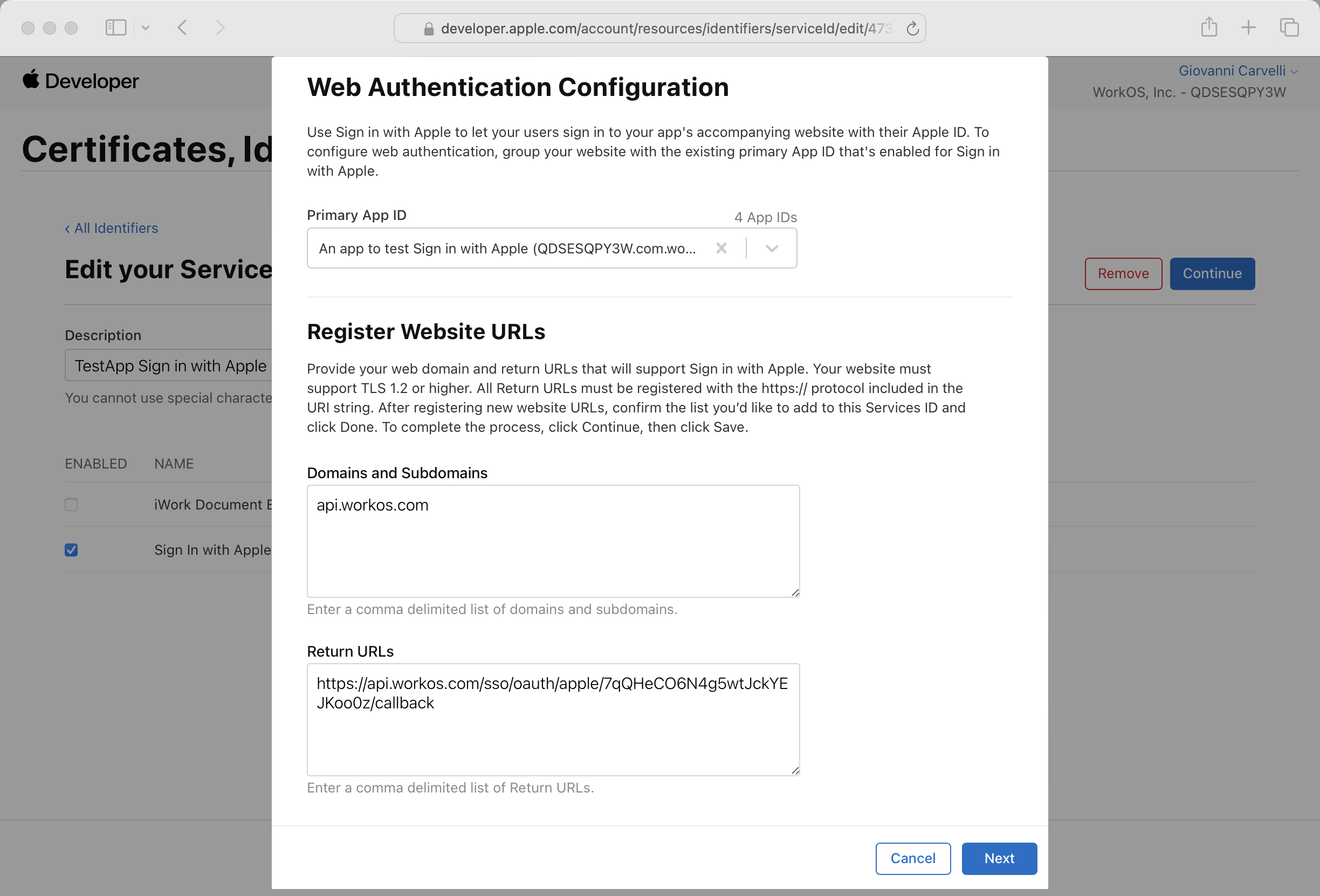 Service ID Sign in with Apple edit modal with placeholder values in the inputs.