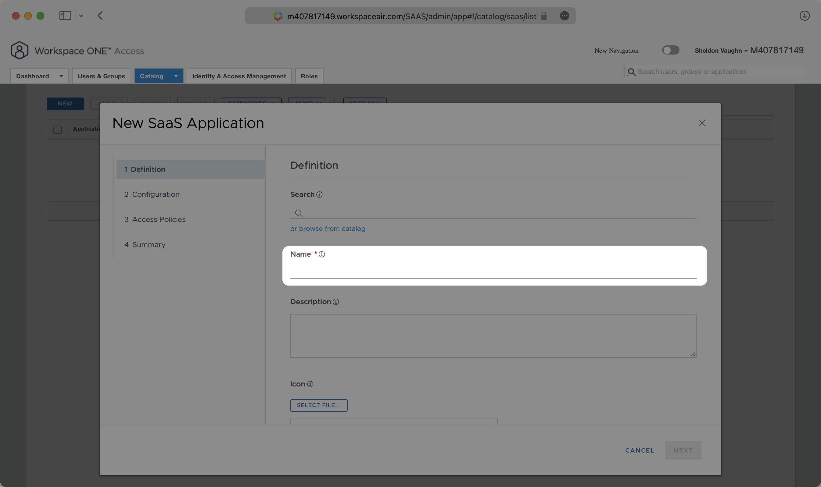 A screenshot showing how to create new application in VMware.