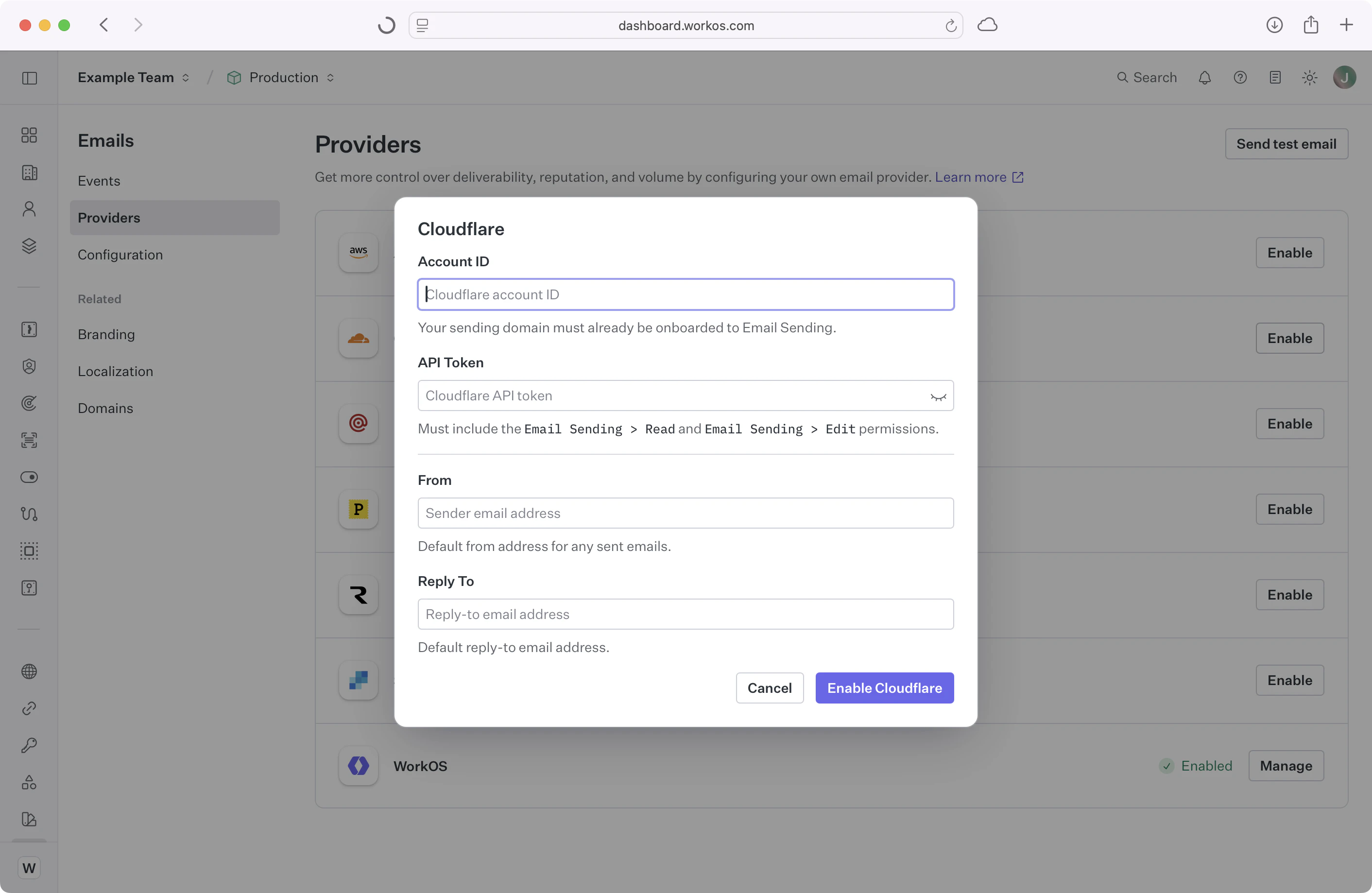 A screenshot showing the Cloudflare custom email provider configuration