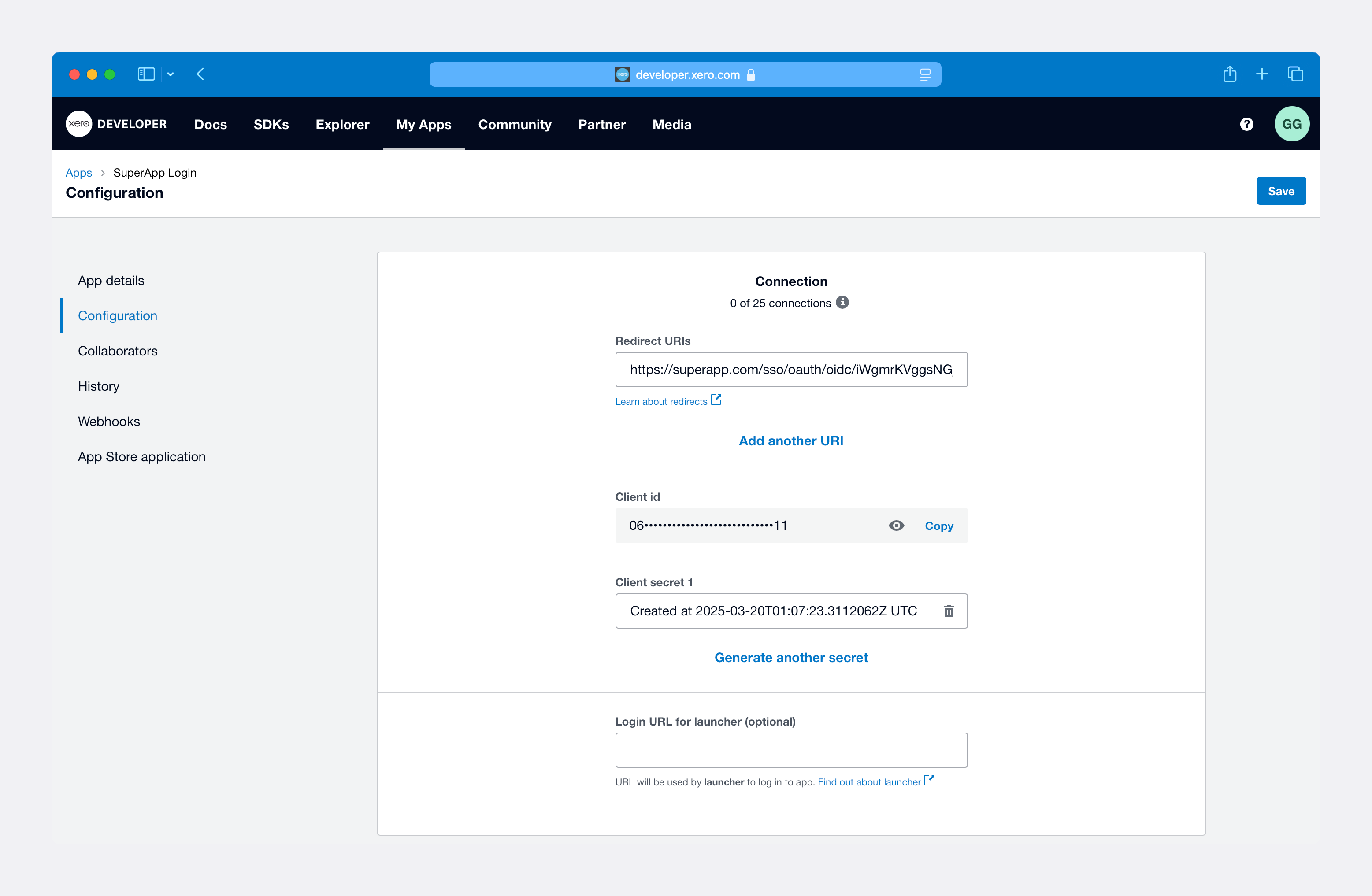 OAuth client credentials in the Xero application settings after creating a client secret.
