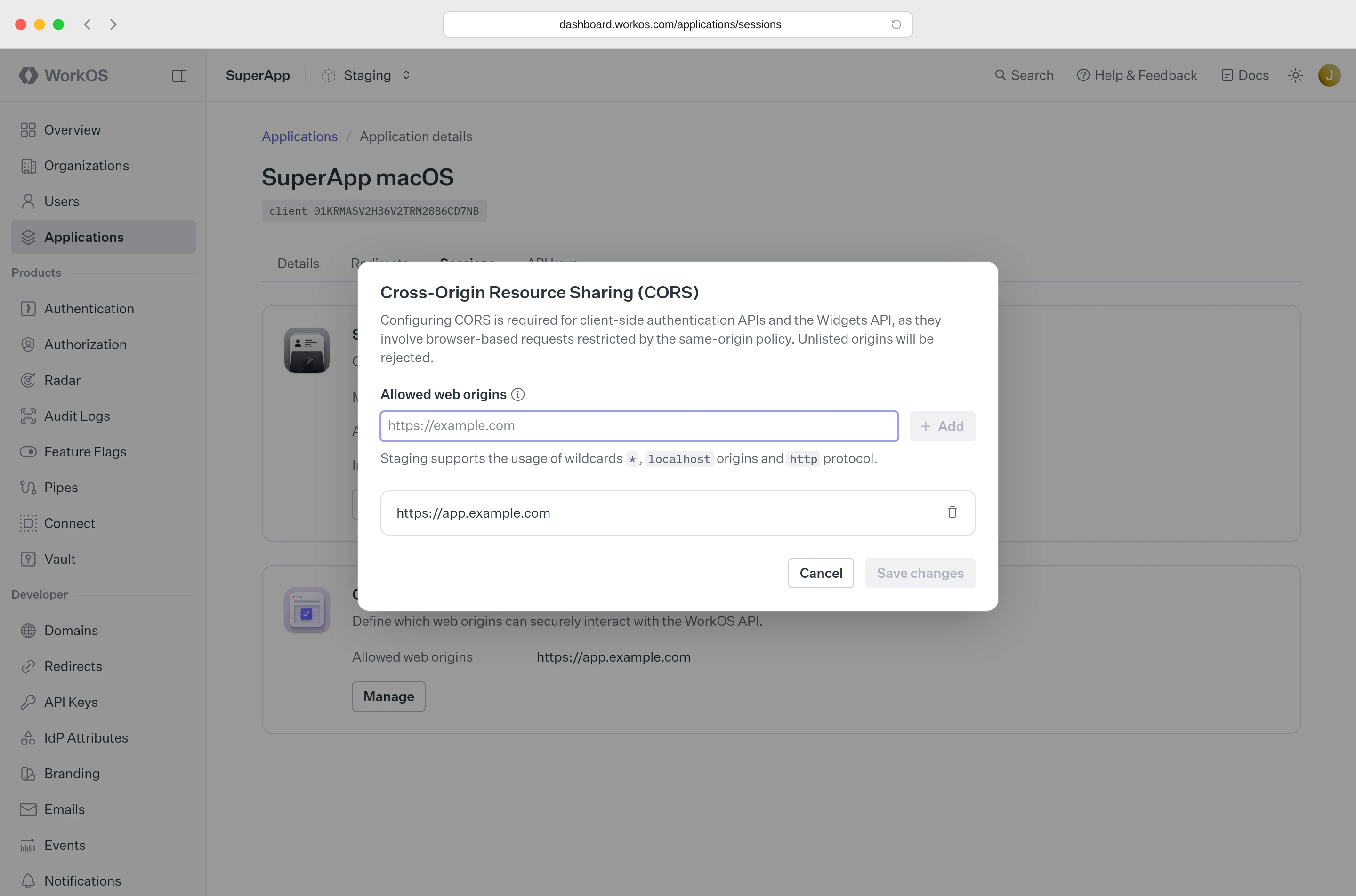 Screenshot of the WorkOS dashboard showing the CORS configuration dialog on the application Sessions tab.