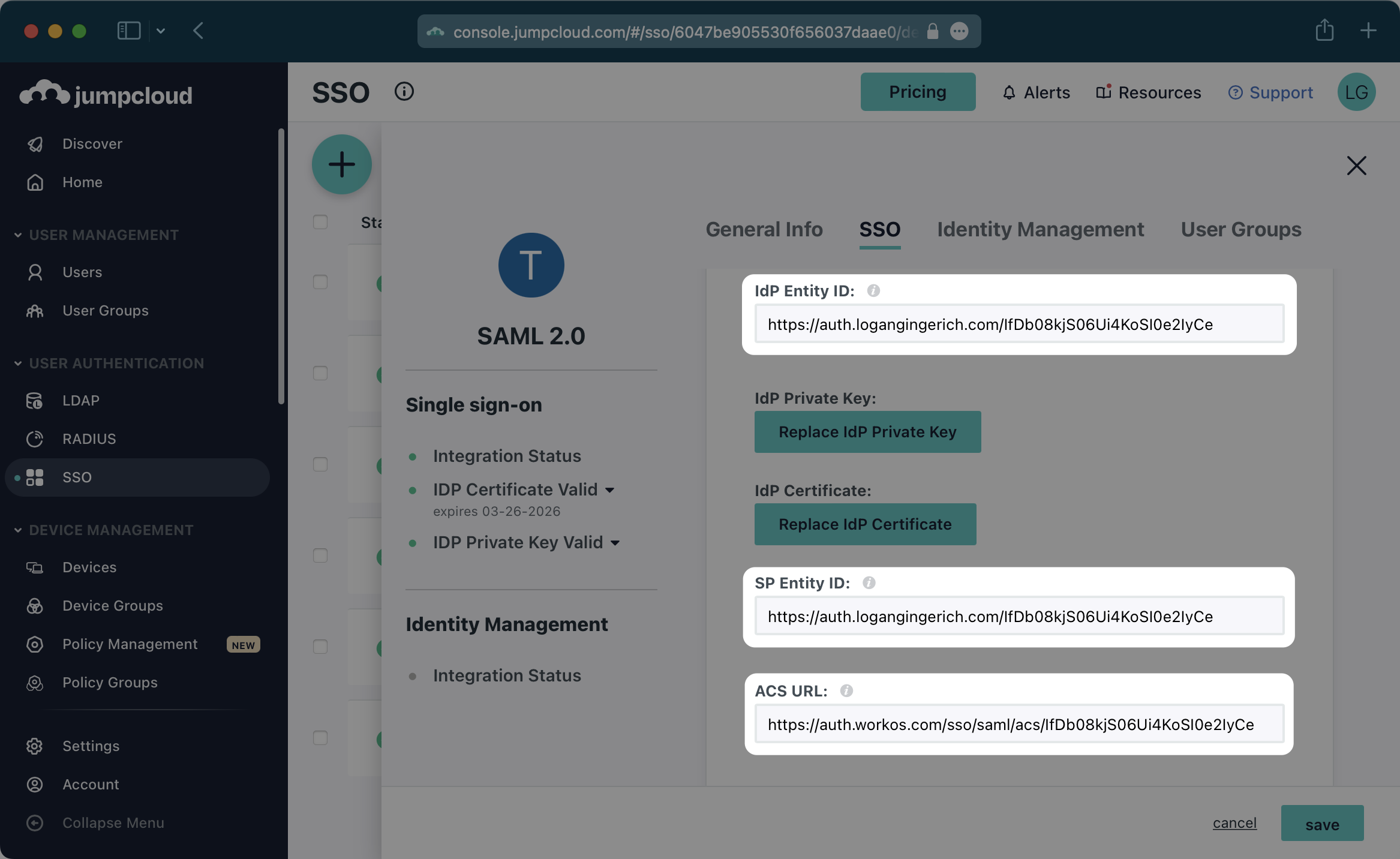 A screenshot highlighting the fields "IdP Entity ID", "SP Entity ID" and "ACS URL" in the JumpCloud dashboard.