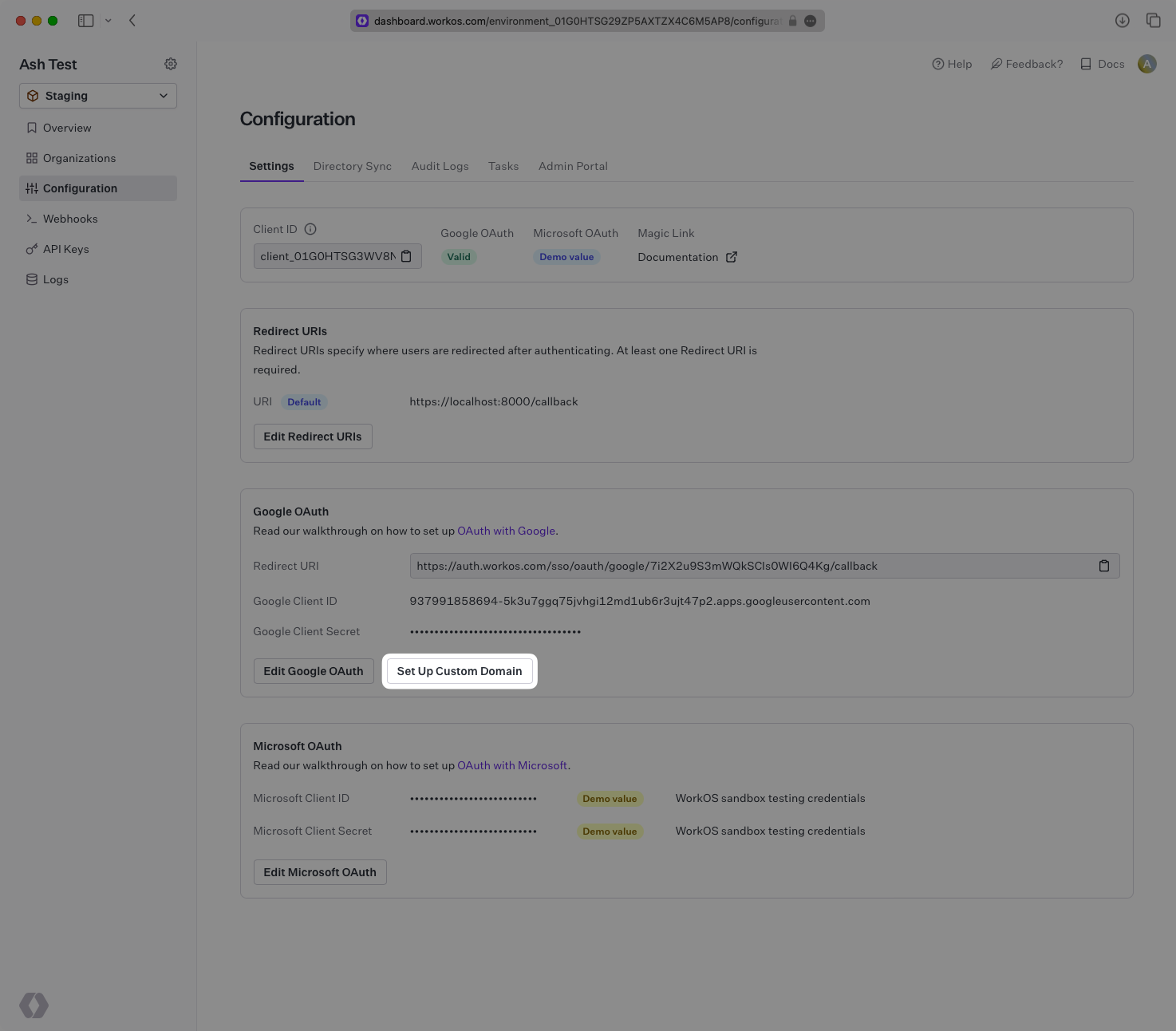 A screenshot showing where to find the "Set Up Custom Domain" button in the WorkOS Dashboard. 