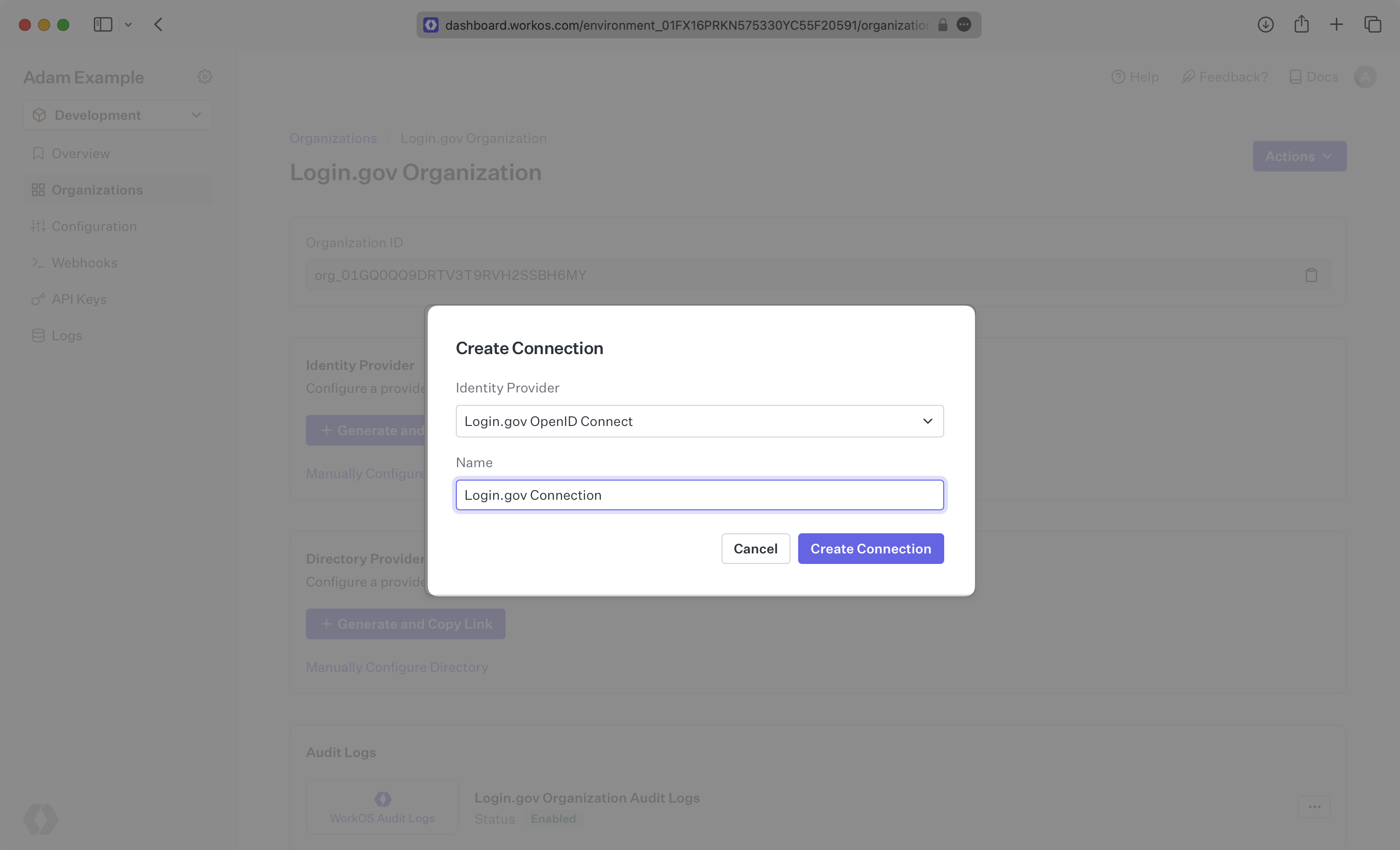 A screenshot showing "Create Connection" details in the WorkOS Dashboard.