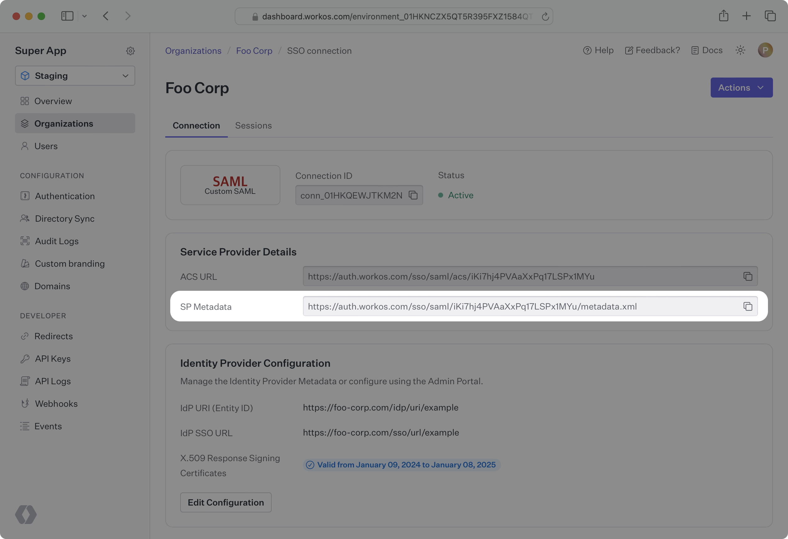 WorkOS Dashboard UI with SP metadata URL