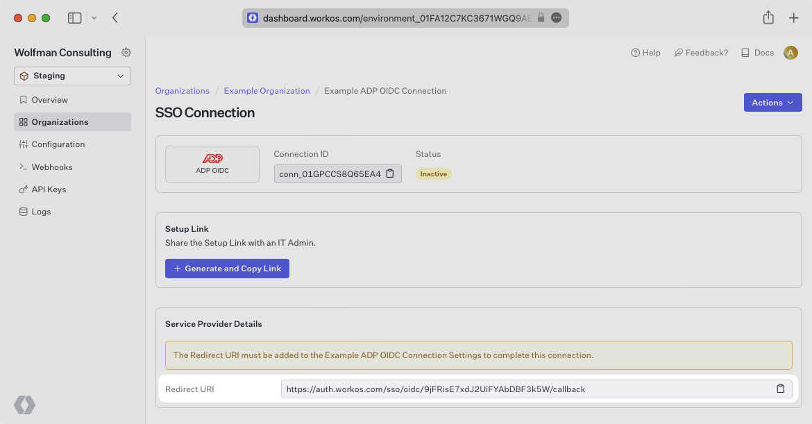 A screenshot showing where to find the ACS URL and SP Entity ID in the WorkOS Dashboard.