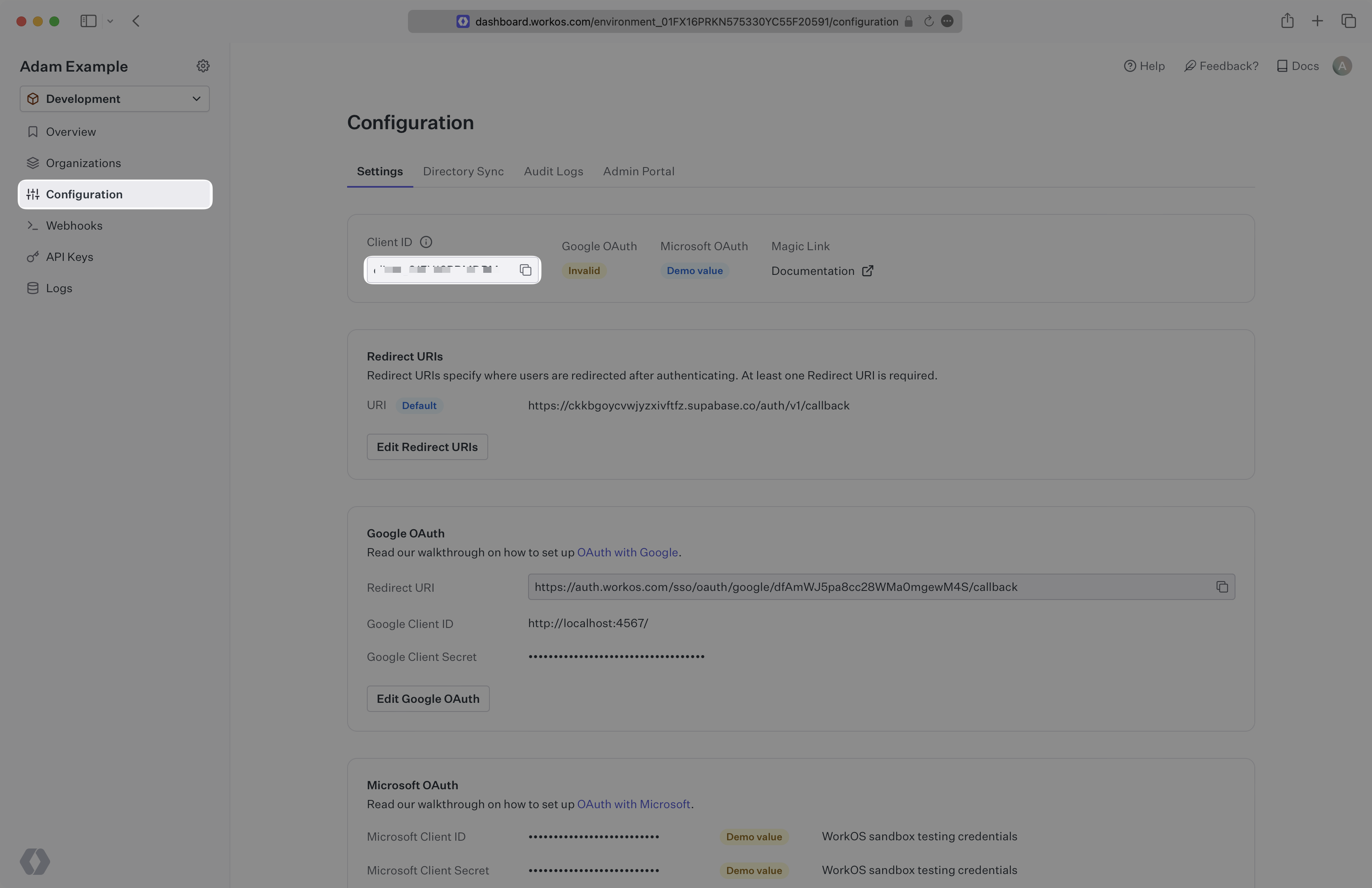 A screenshot showing where to find the Client ID in the WorkOS dashboard configurations page.