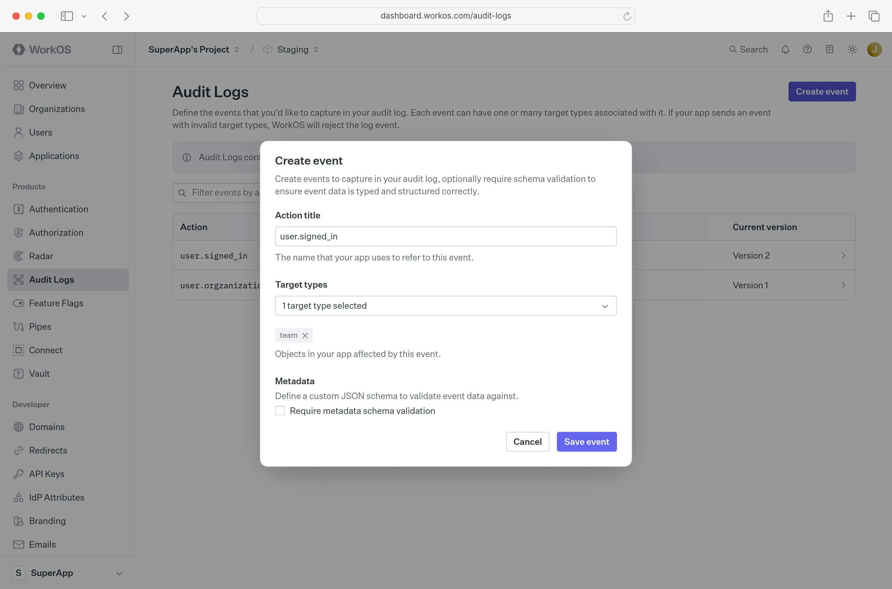 A screenshot showing how to create an audit log event in the WorkOS dashboard.