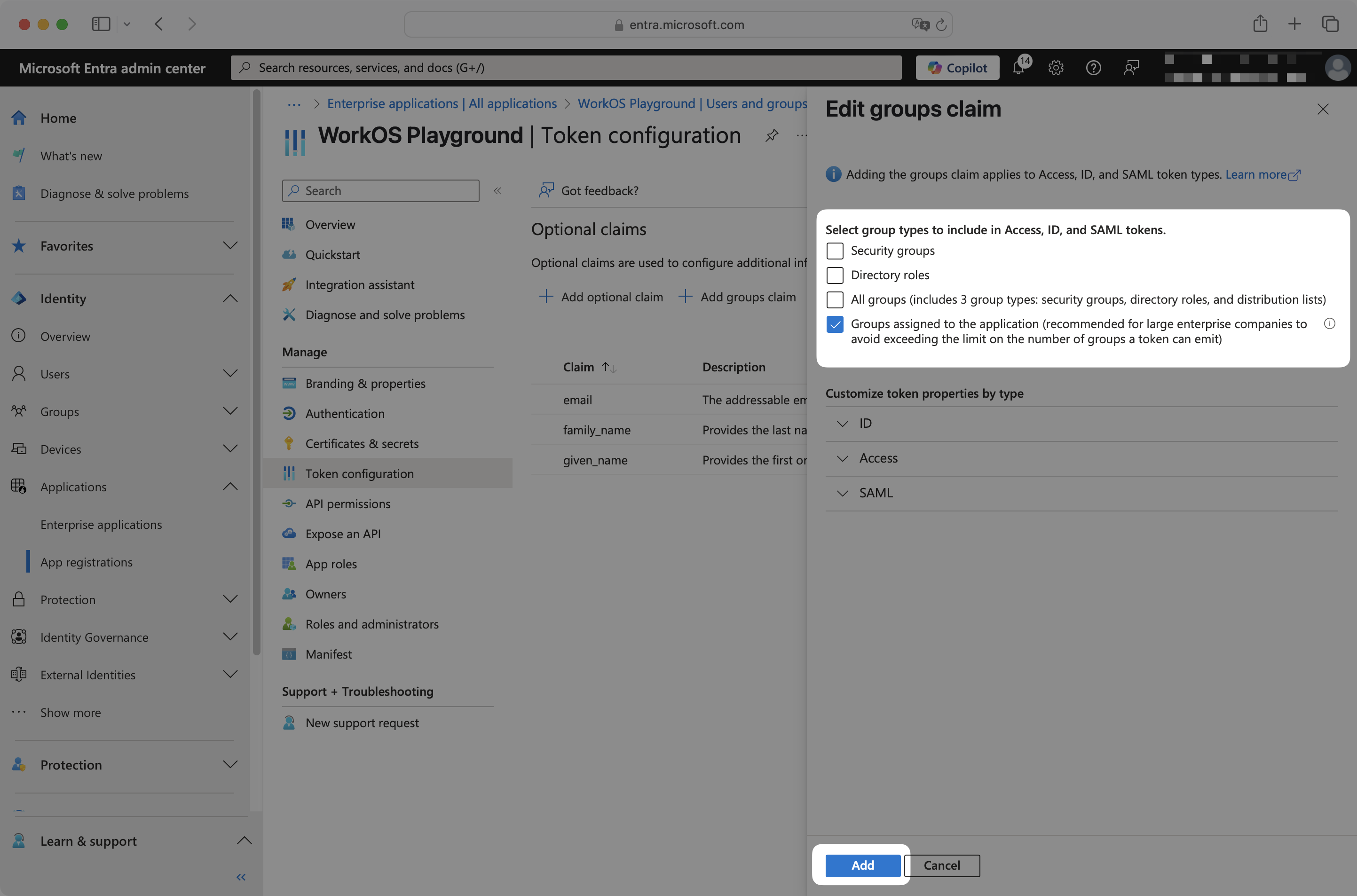 Group Claims configuration panel with group selection options