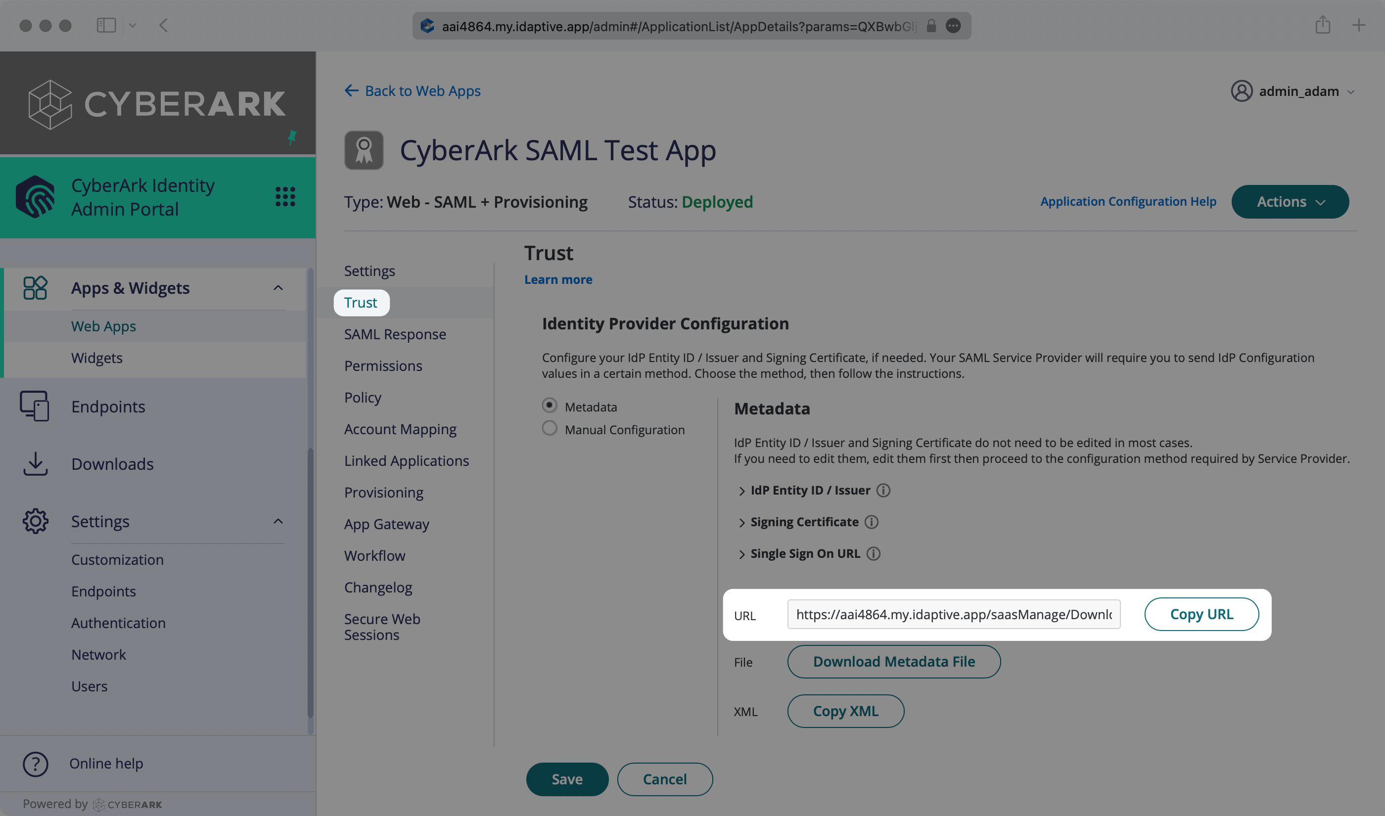 A screenshot showing where to obtain the "Metadata URL" in the CyberArk dashboard.