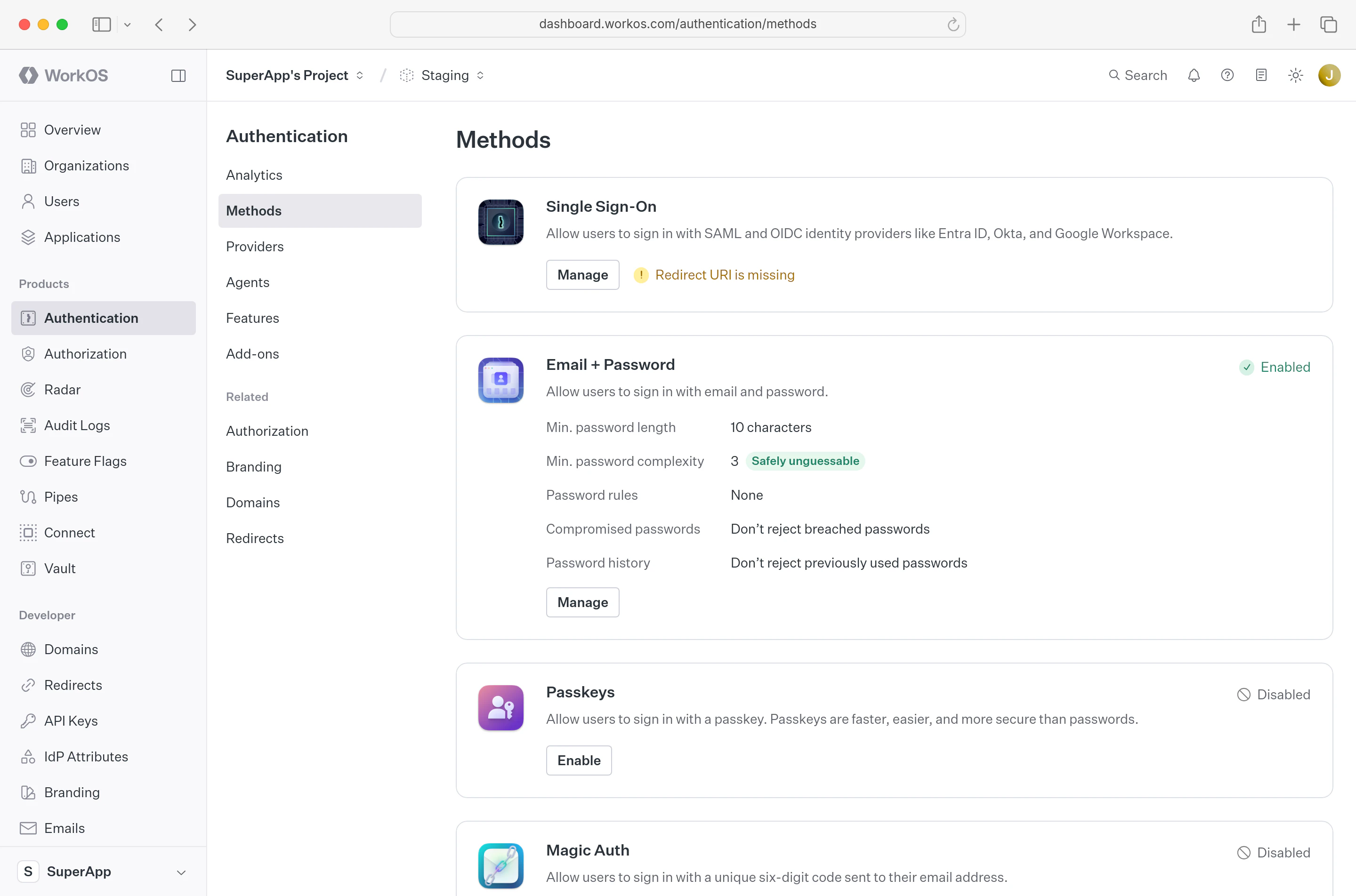 Dashboard displaying available authentication methods