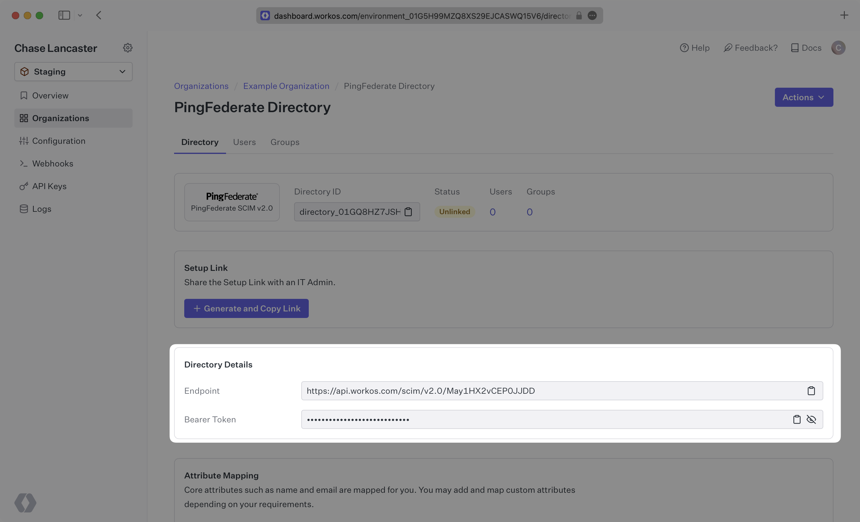 A screenshot showing where to locate the Endpoint and Bearer Token in the WorkOS dashboard.