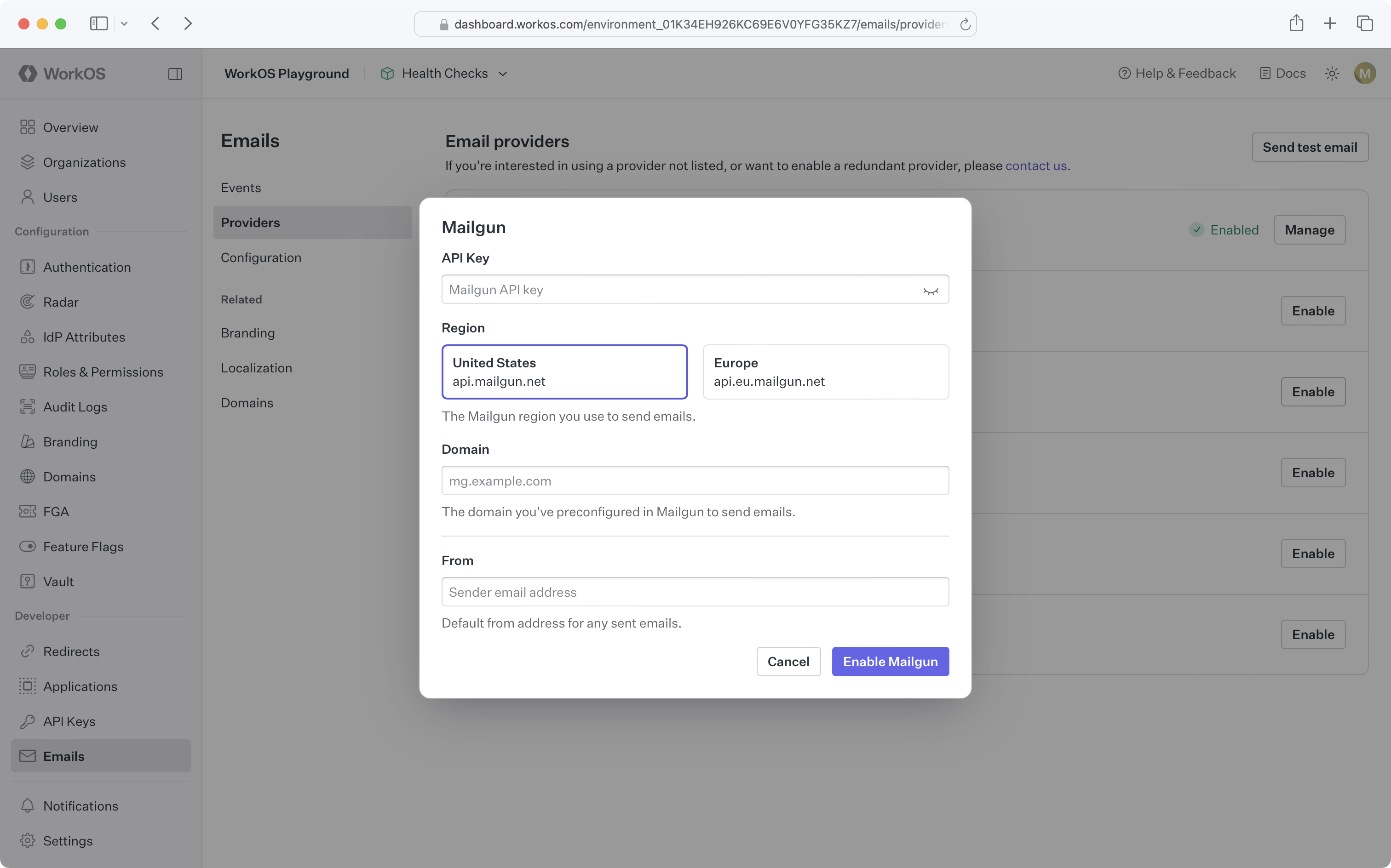 A screenshot showing the Mailgun custom email provider configuration