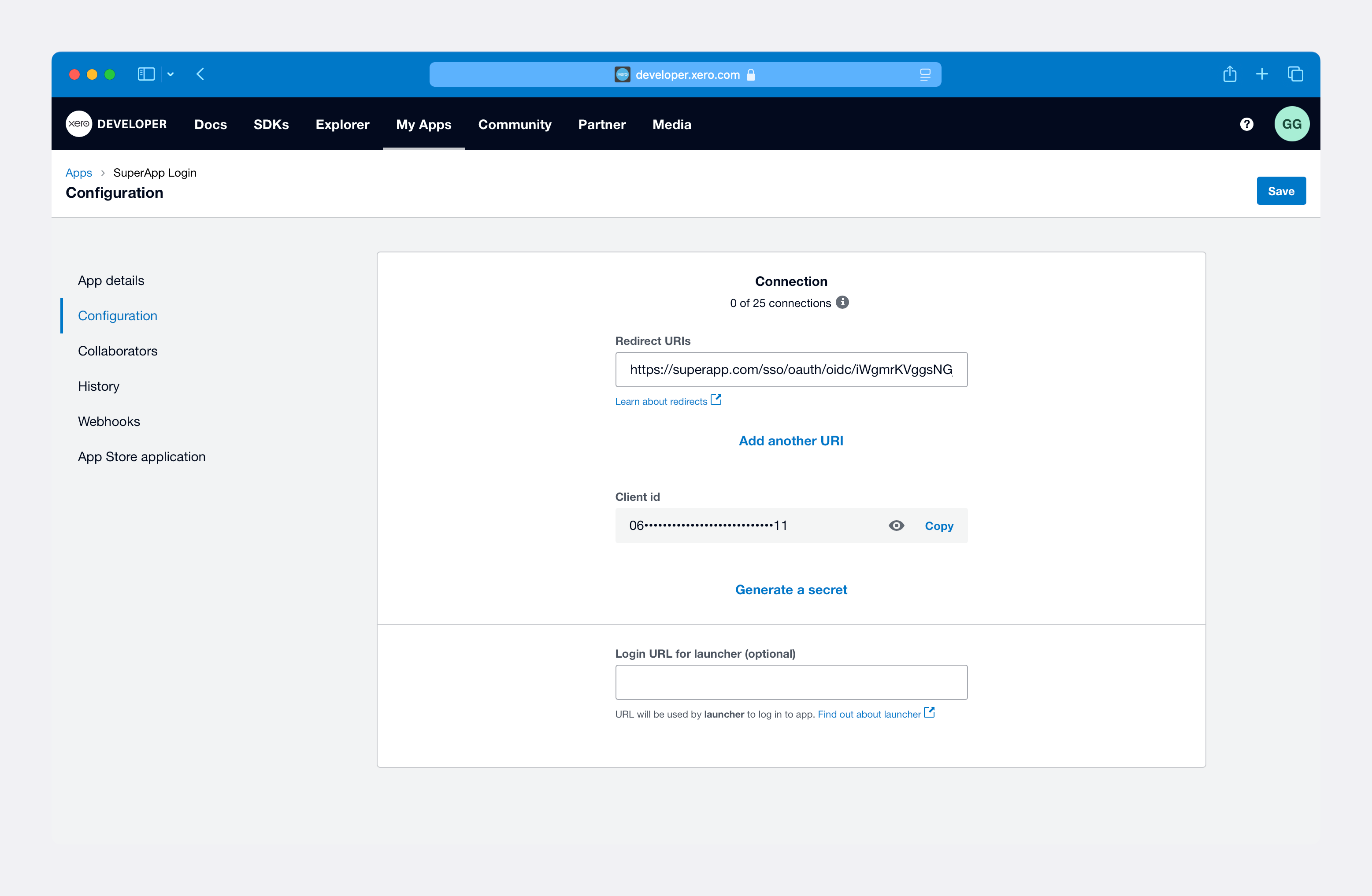 OAuth client credentials in the Xero application settings before creating a client secret.