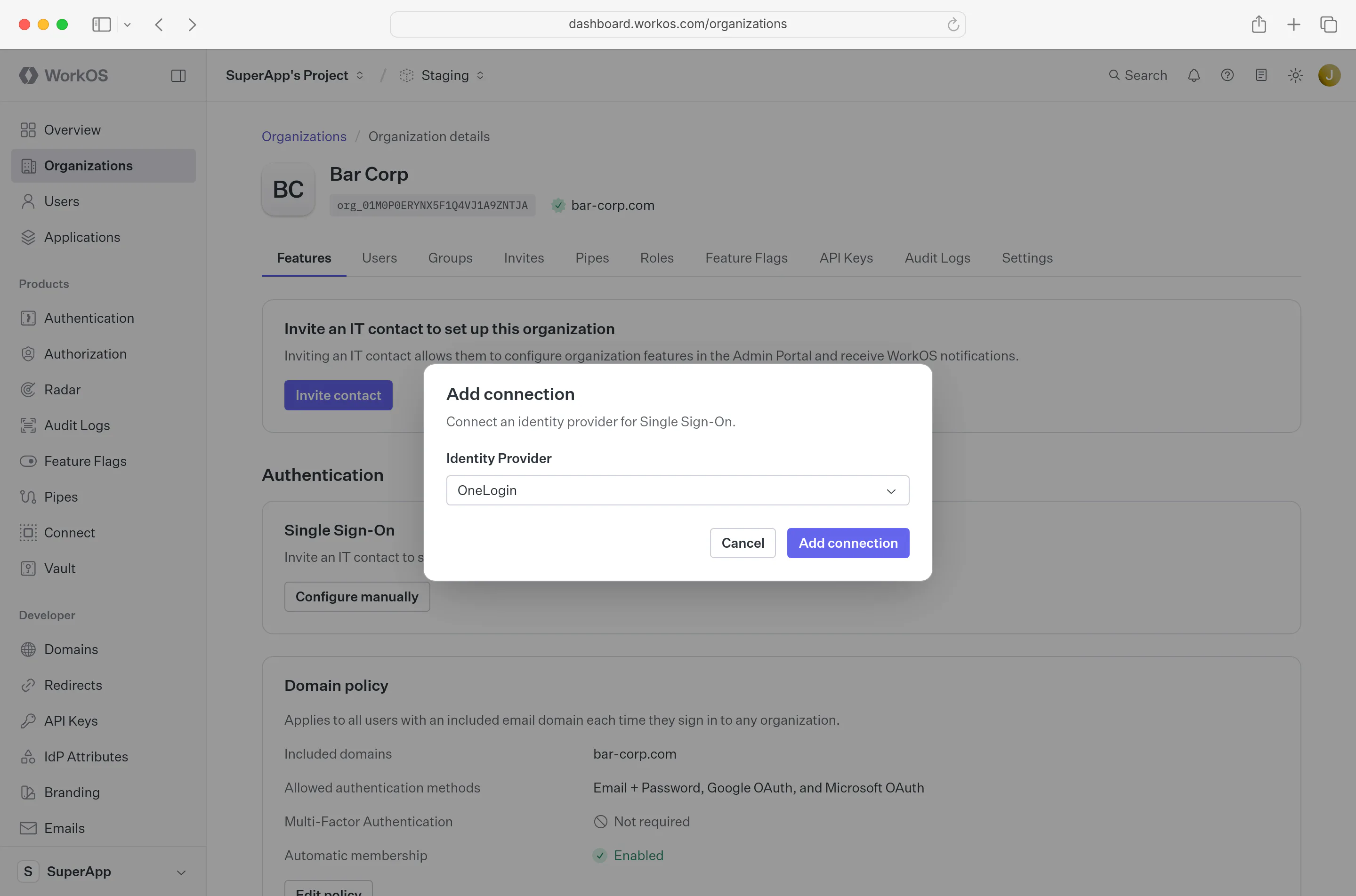 A screenshot showing how to create a connection in the WorkOS Dashboard.