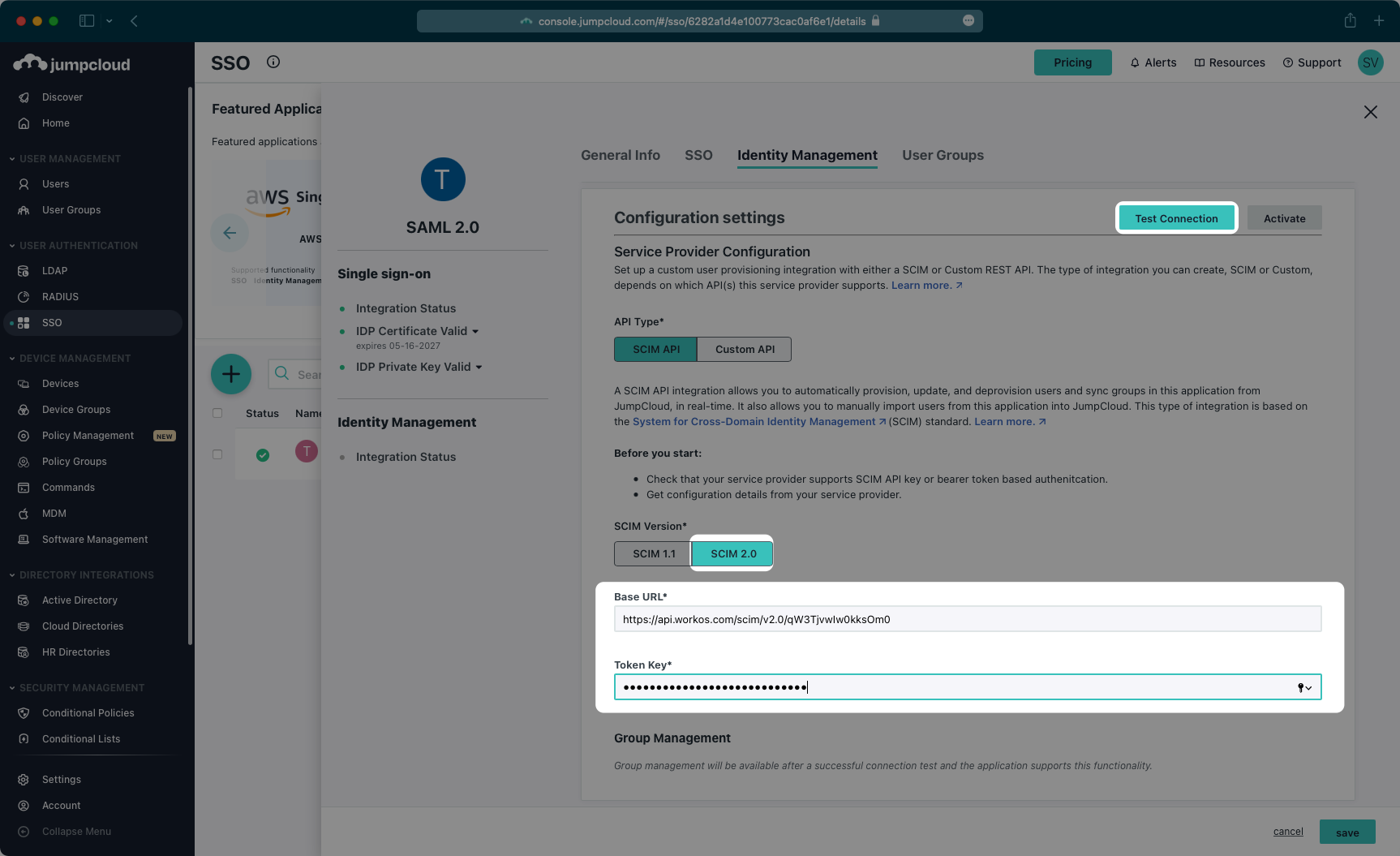 A screenshot highlighting the "Base URL" and "Token Key" input fields in the JumpCloud admin dashboard.