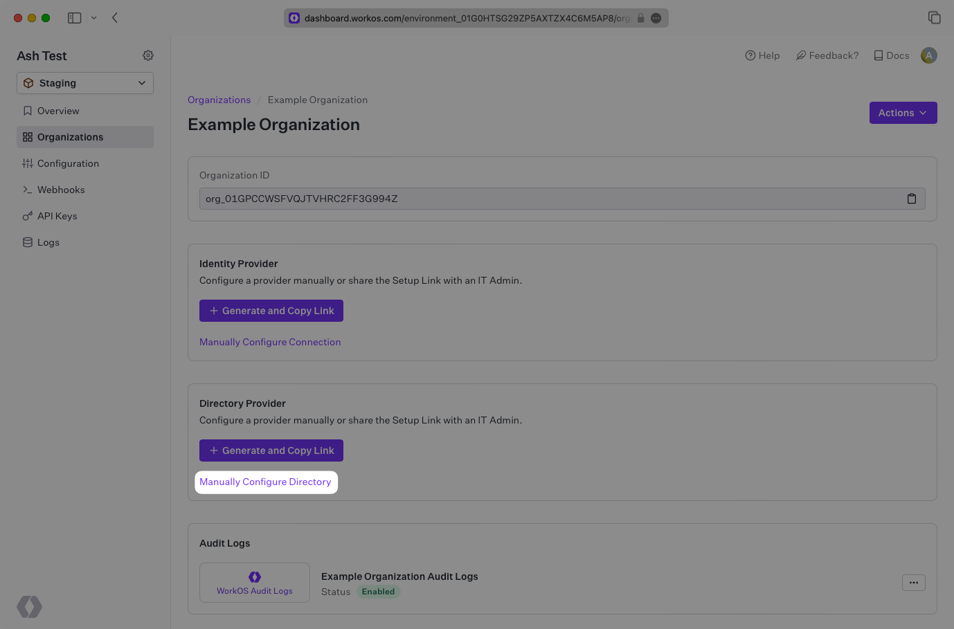 A screenshot showing where to find “Manually Configure Connection” for an Organization in the WorkOS Dashboard.