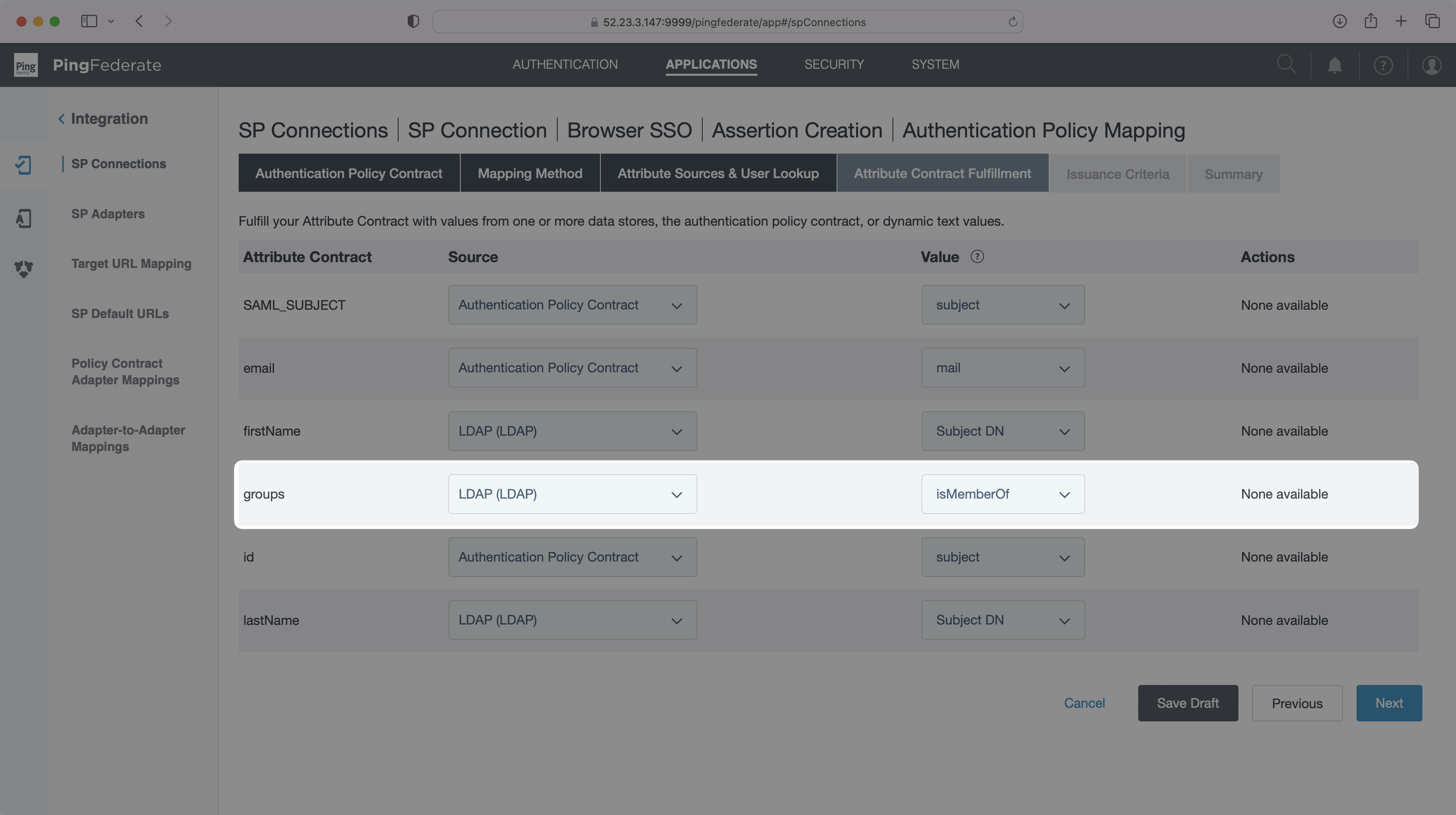 A screenshot showing a mapped groups attribute in the Attribute Contract Fulfillment area in PingFederate.