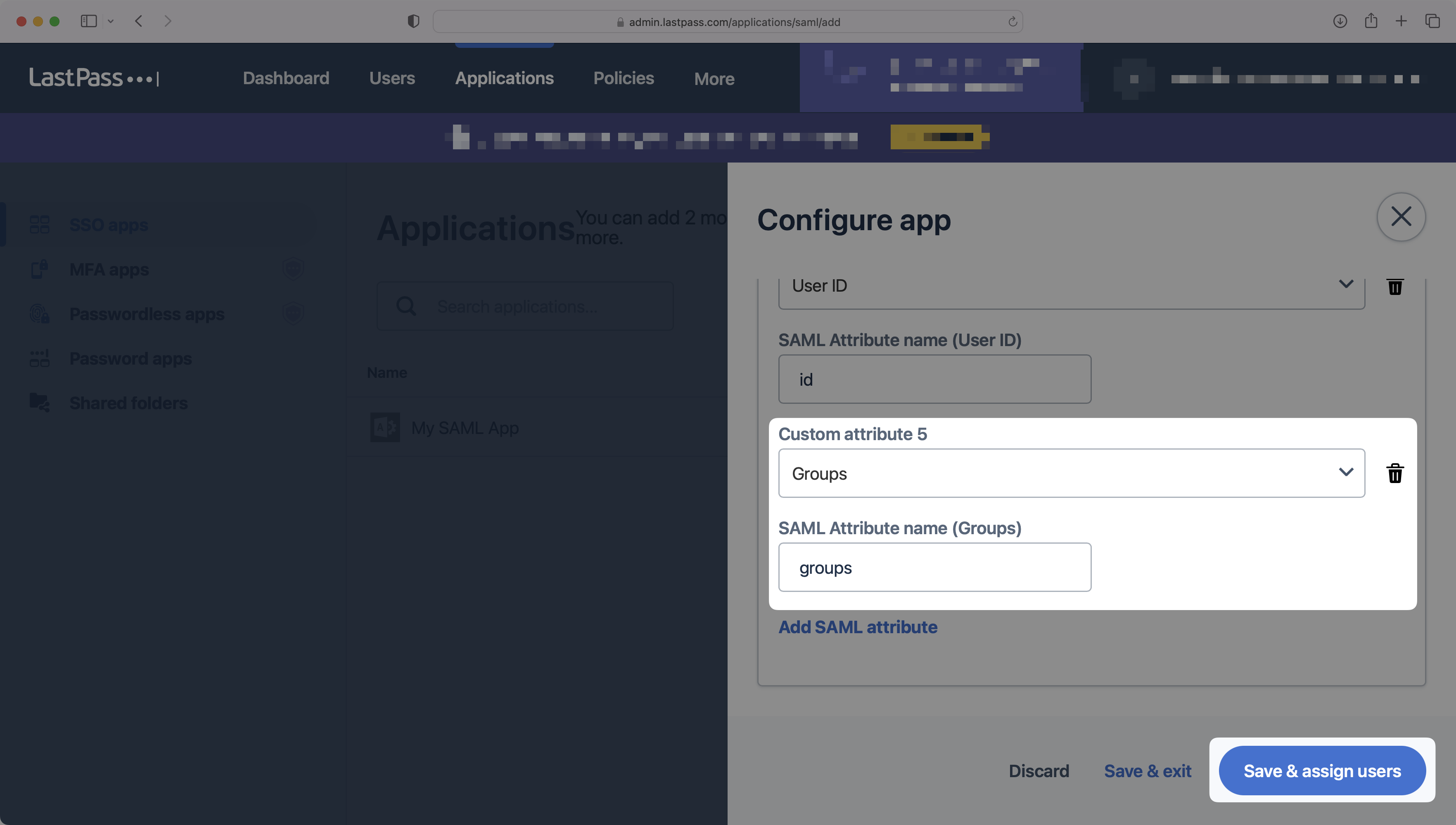 A screenshot showing how to add a groups attribute to a LastPass SAML app.