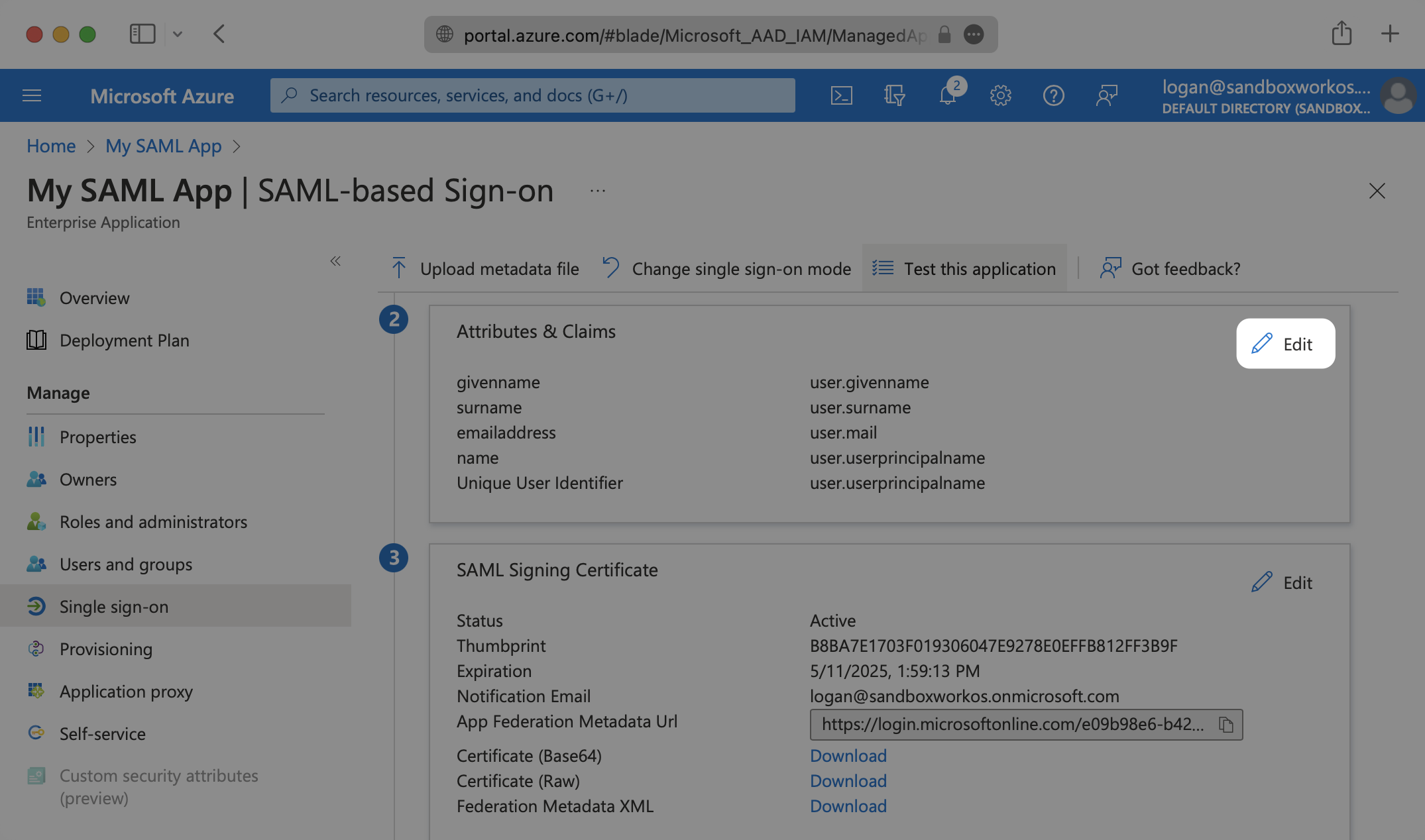 A screenshot showing where to select "Edit" for the "Attributes & Claims" step in the Azure dashboard.