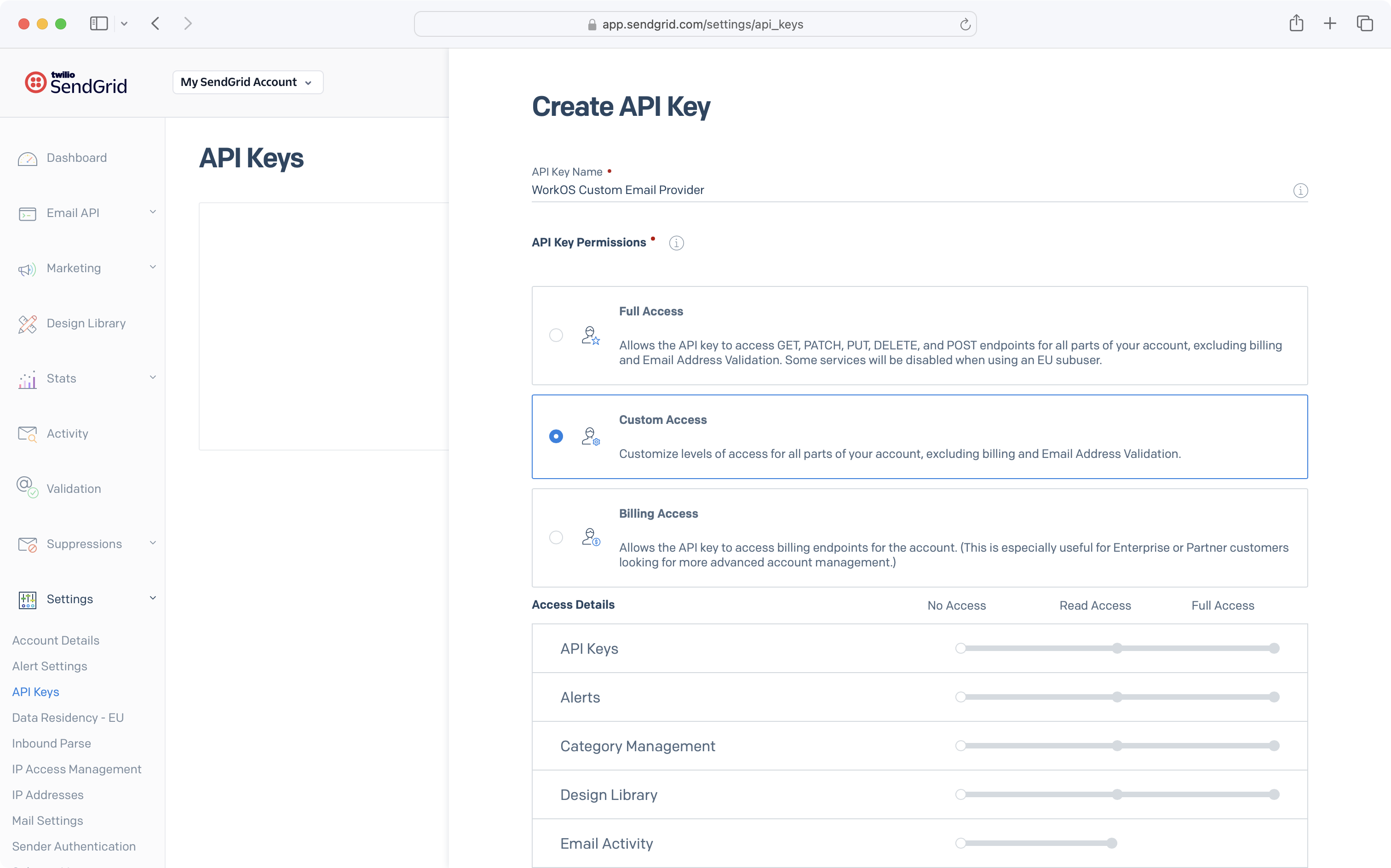 A screenshot showing the SendGrid API Keys side panel