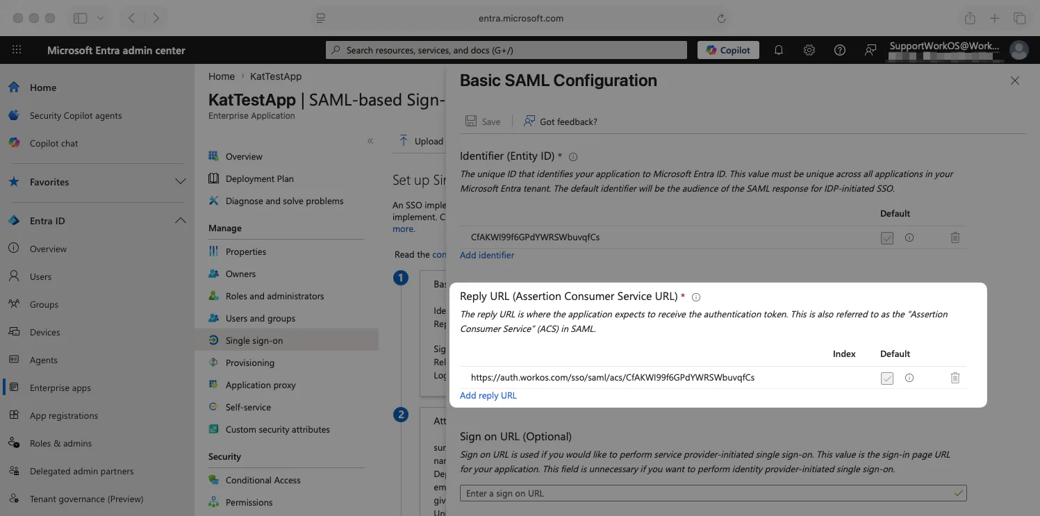 A screenshot showing the location to place the WorkOS ACS URL in the Entra Dashboard.
