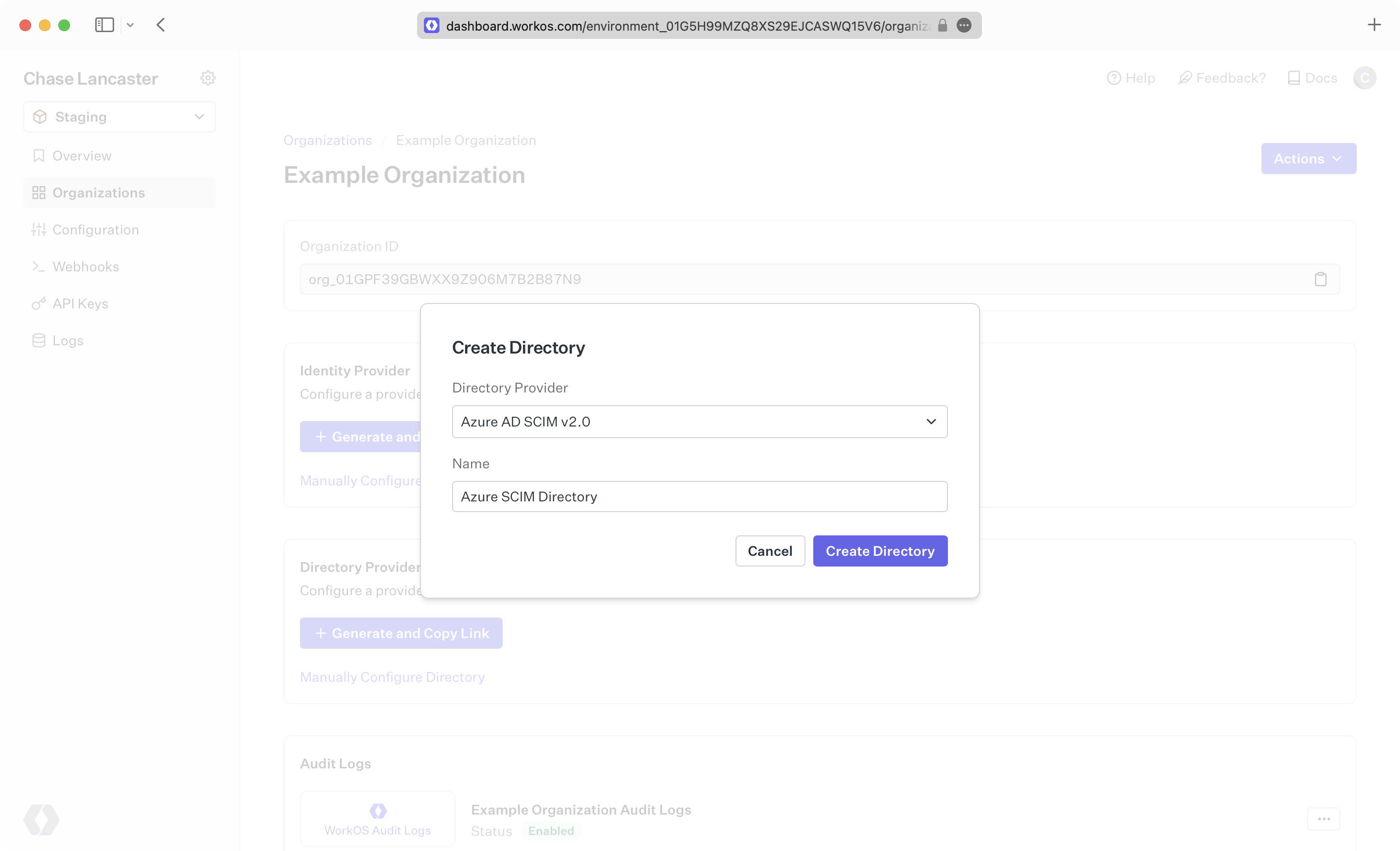 A screenshot showing the "Create Directory" menu in the WorkOS dashboard.