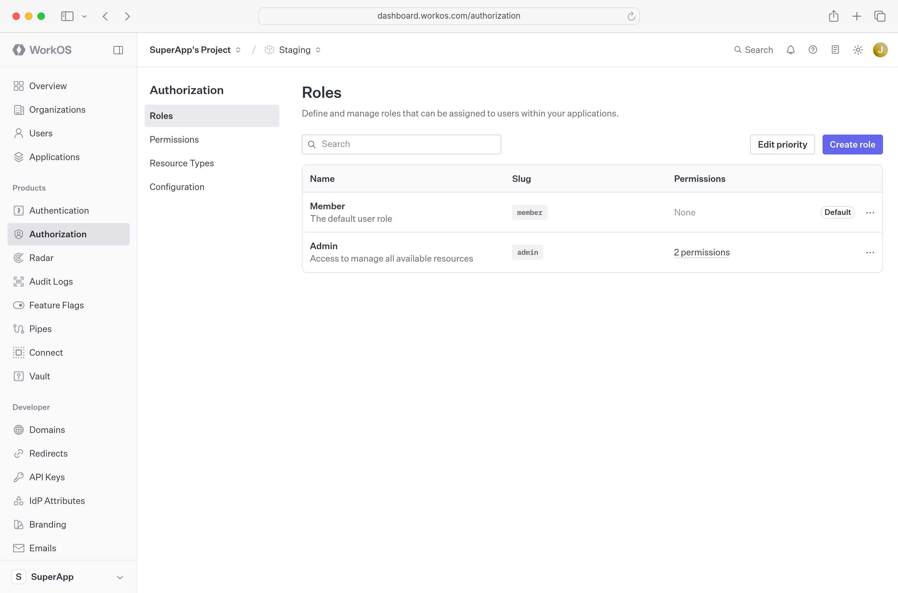 Roles section WorkOS Dashboard