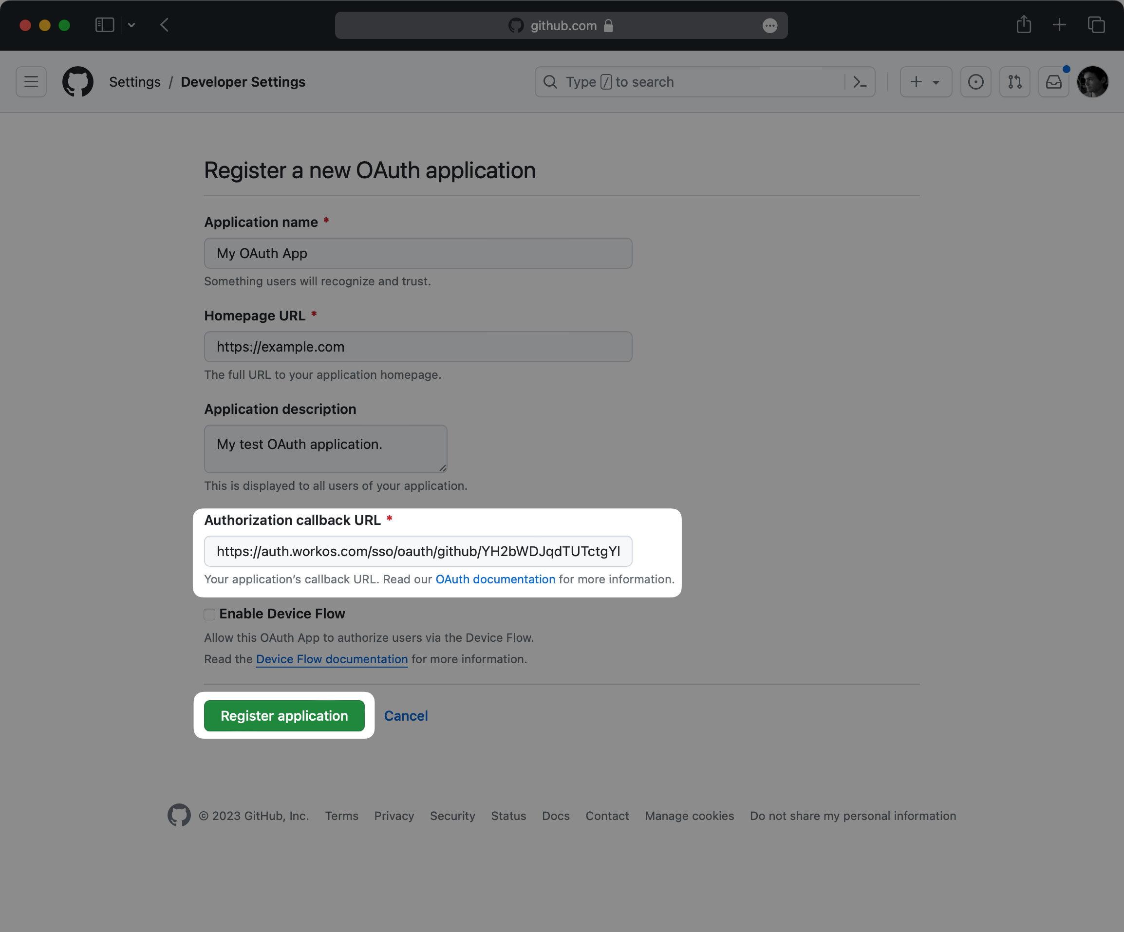 The GitHub form to create a new OAuth application.