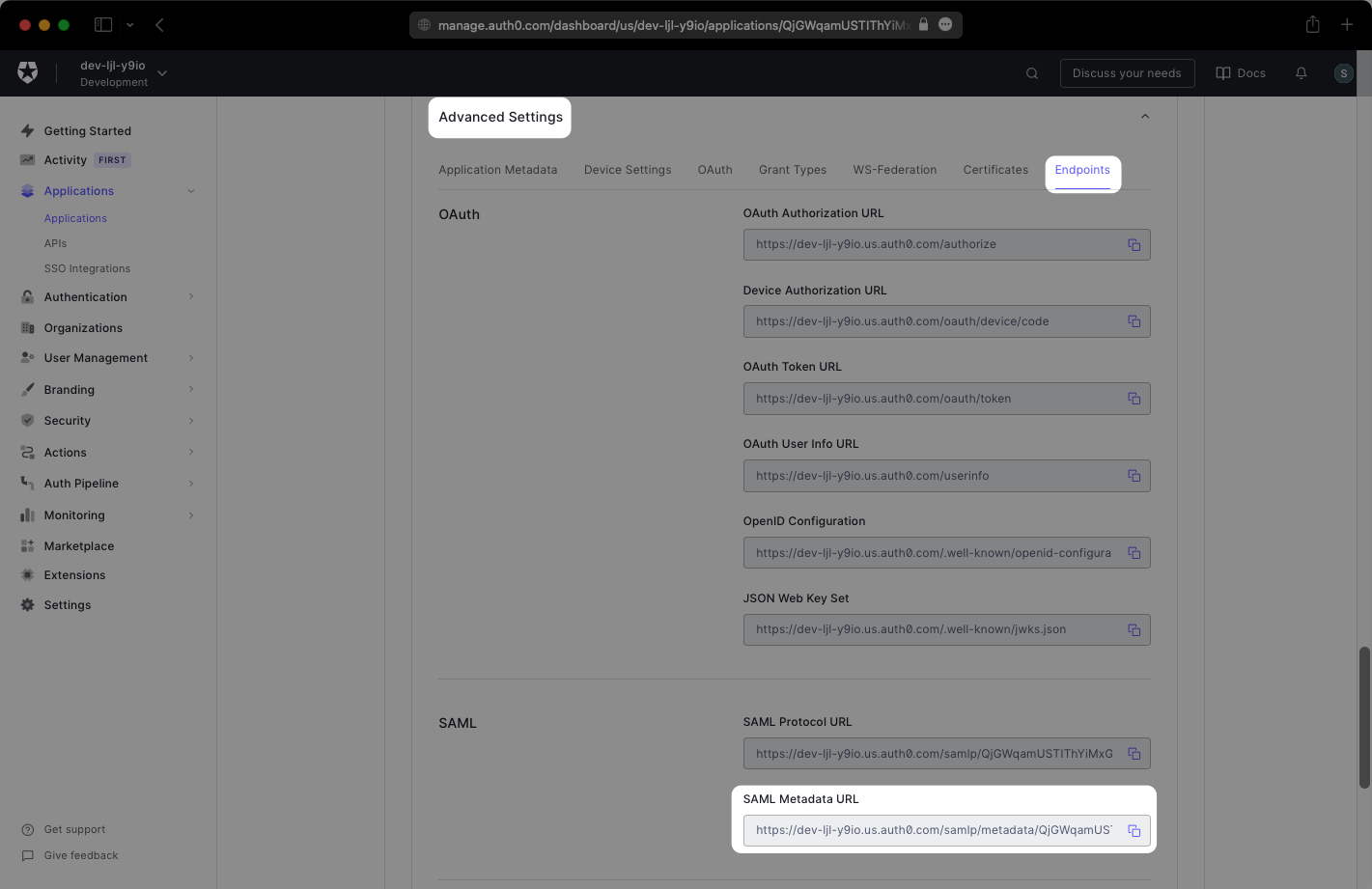 A screenshot of the IdP Metadata XML URL in the Auth0 Dashboard.