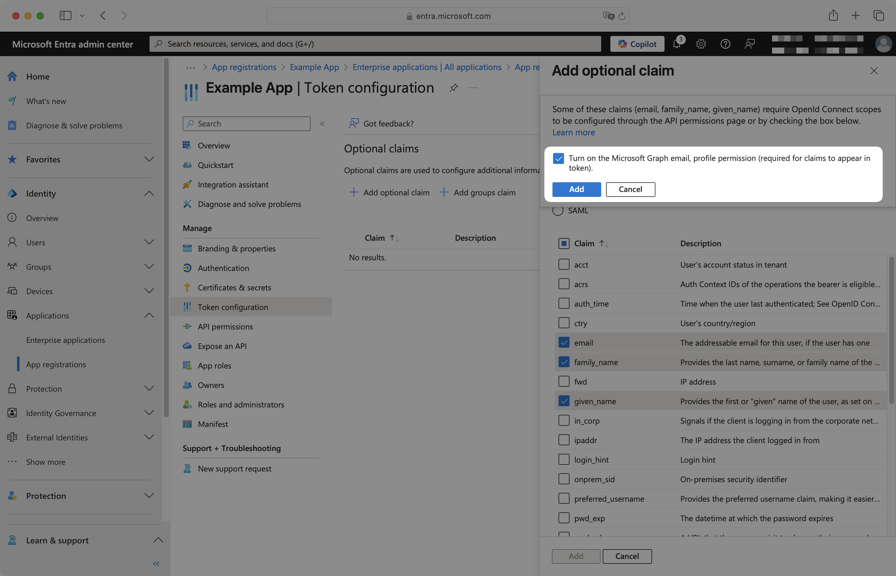 Add optional claim panel with turn on Microsoft Graph checkbox highlighted