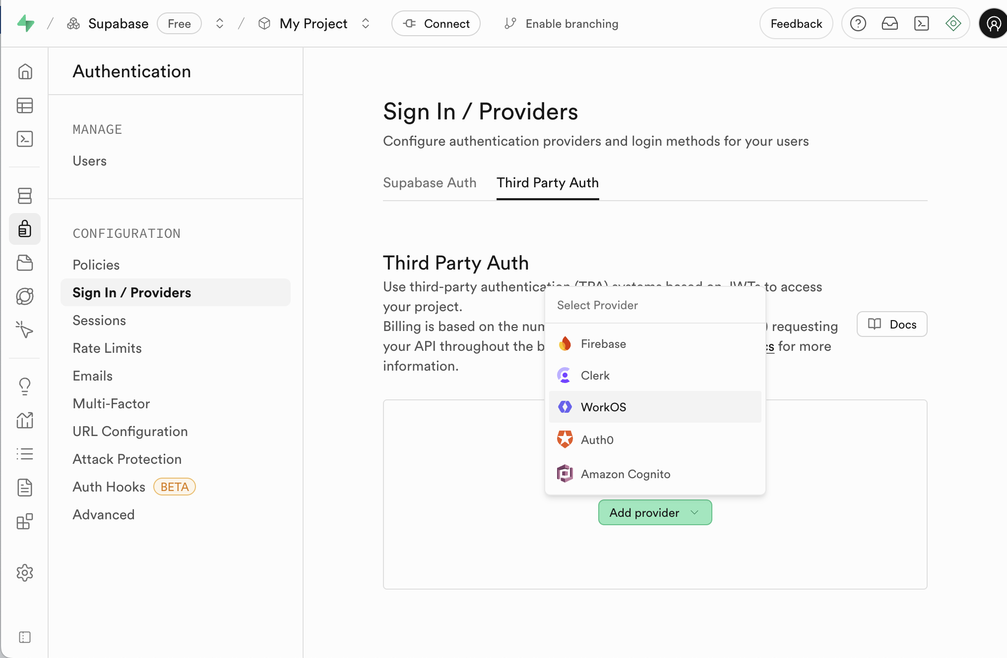 Supabase 3rd party auth dashboard