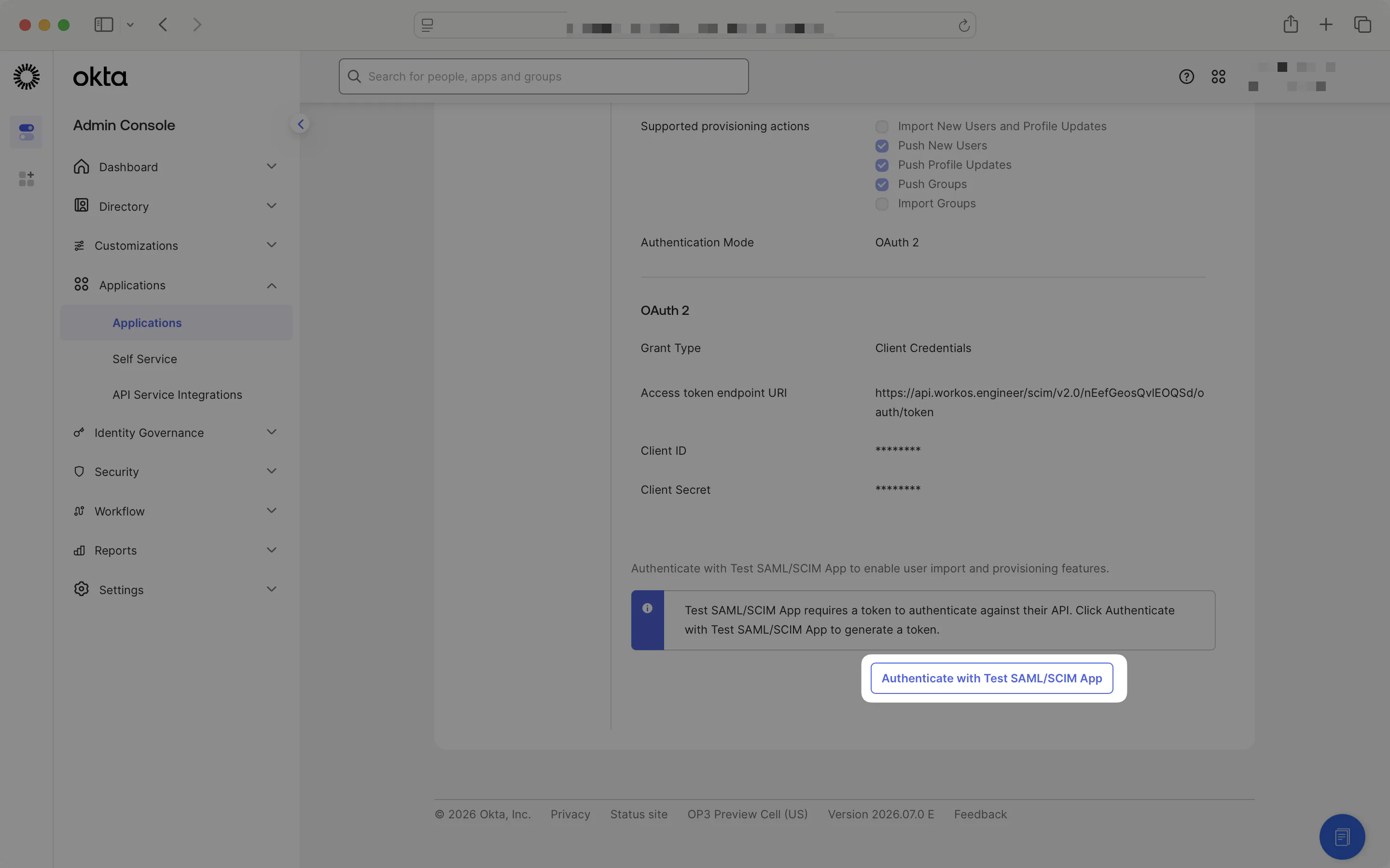 A screenshot showing where to click the button that authenticates with your application in Okta.