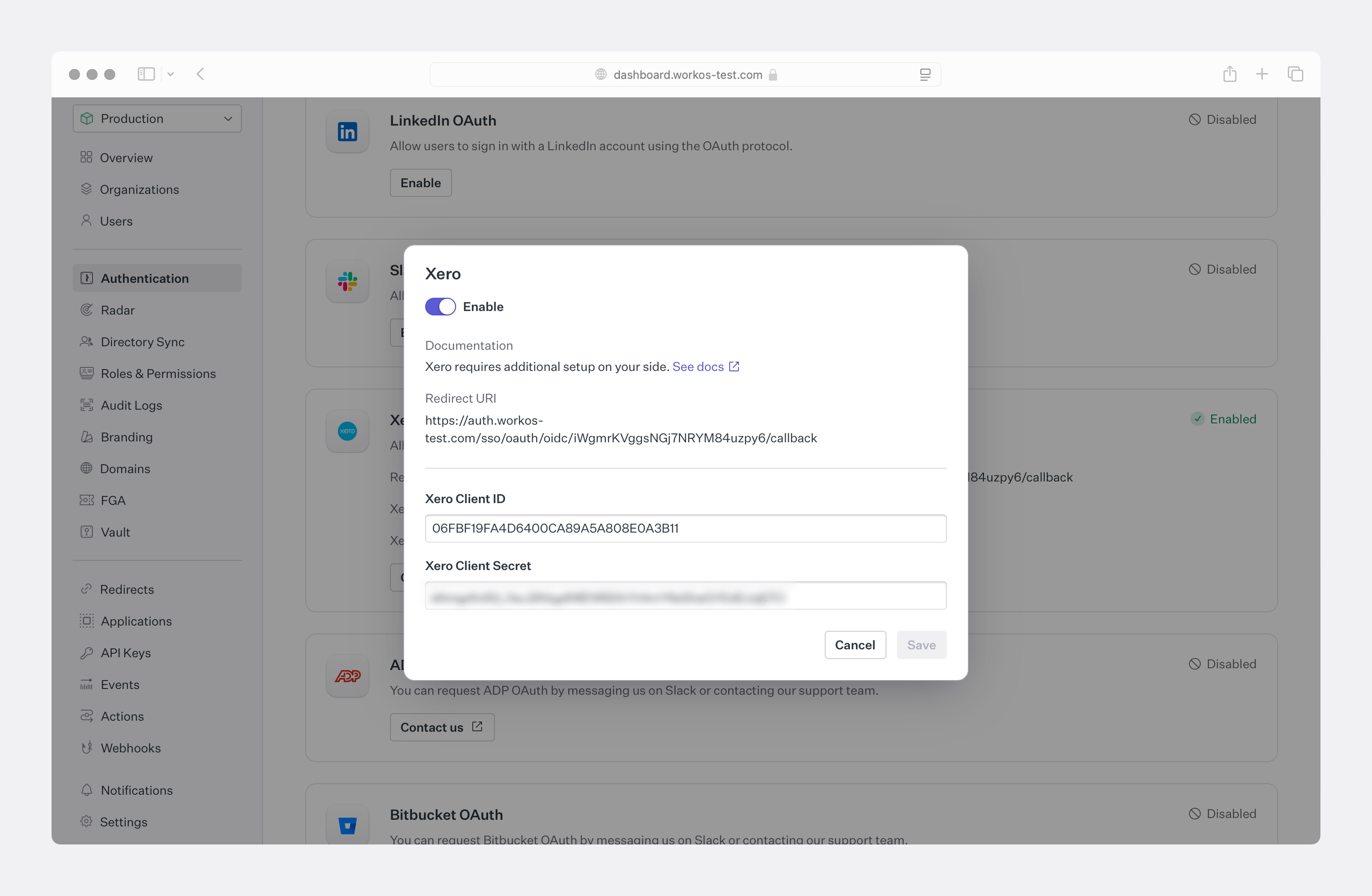 A screenshot showing OAuth client credentials in the WorkOS Xero setup modal filled with client id and client secret.