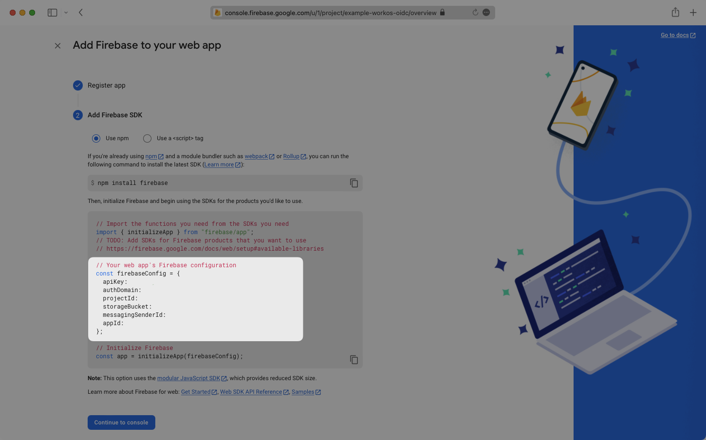 A screenshot showing where to obtain the firebaseConfig details in Firebase.