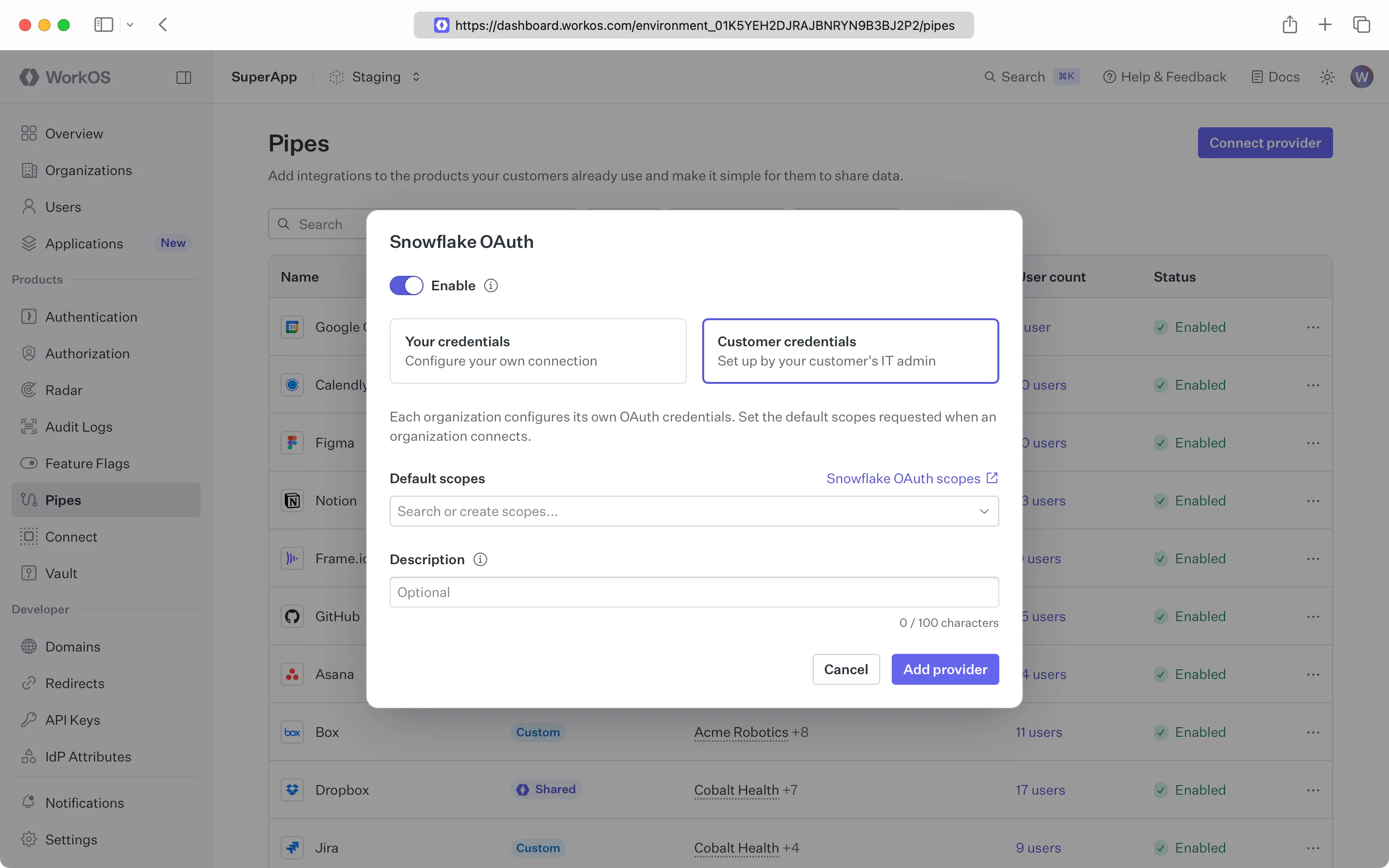 A provider's OAuth dialog in the WorkOS Dashboard with Customer credentials selected, showing default scopes and a description field, where each organization supplies its own OAuth credentials.