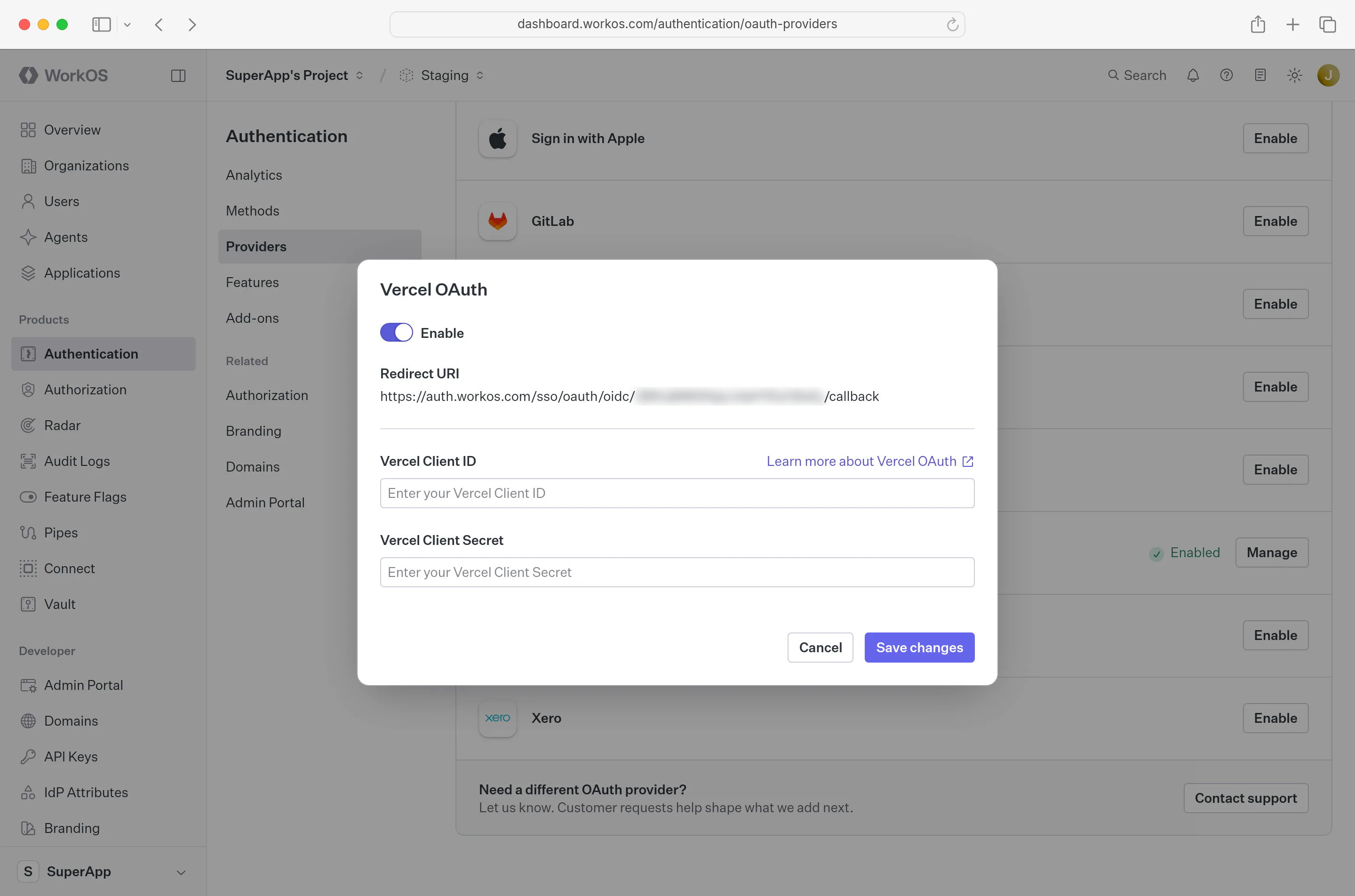 Entering Vercel Credentials in WorkOS Dashboard